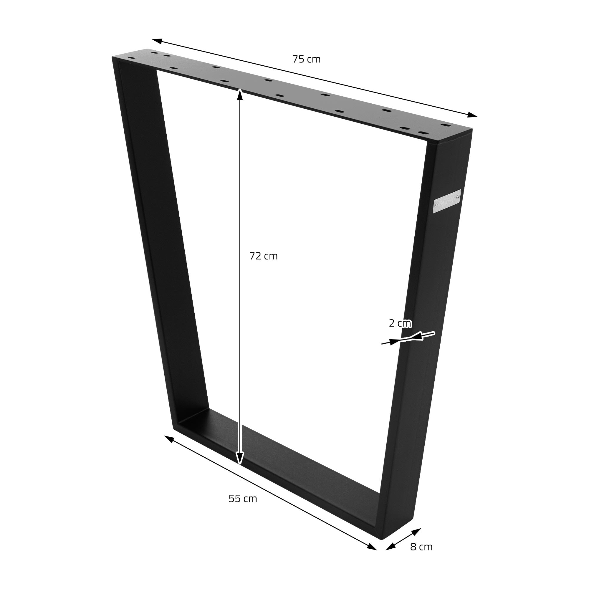 Černý kovový rám s rozměry: 75 cm šířka, 72 cm výška, 55 cm hloubka.