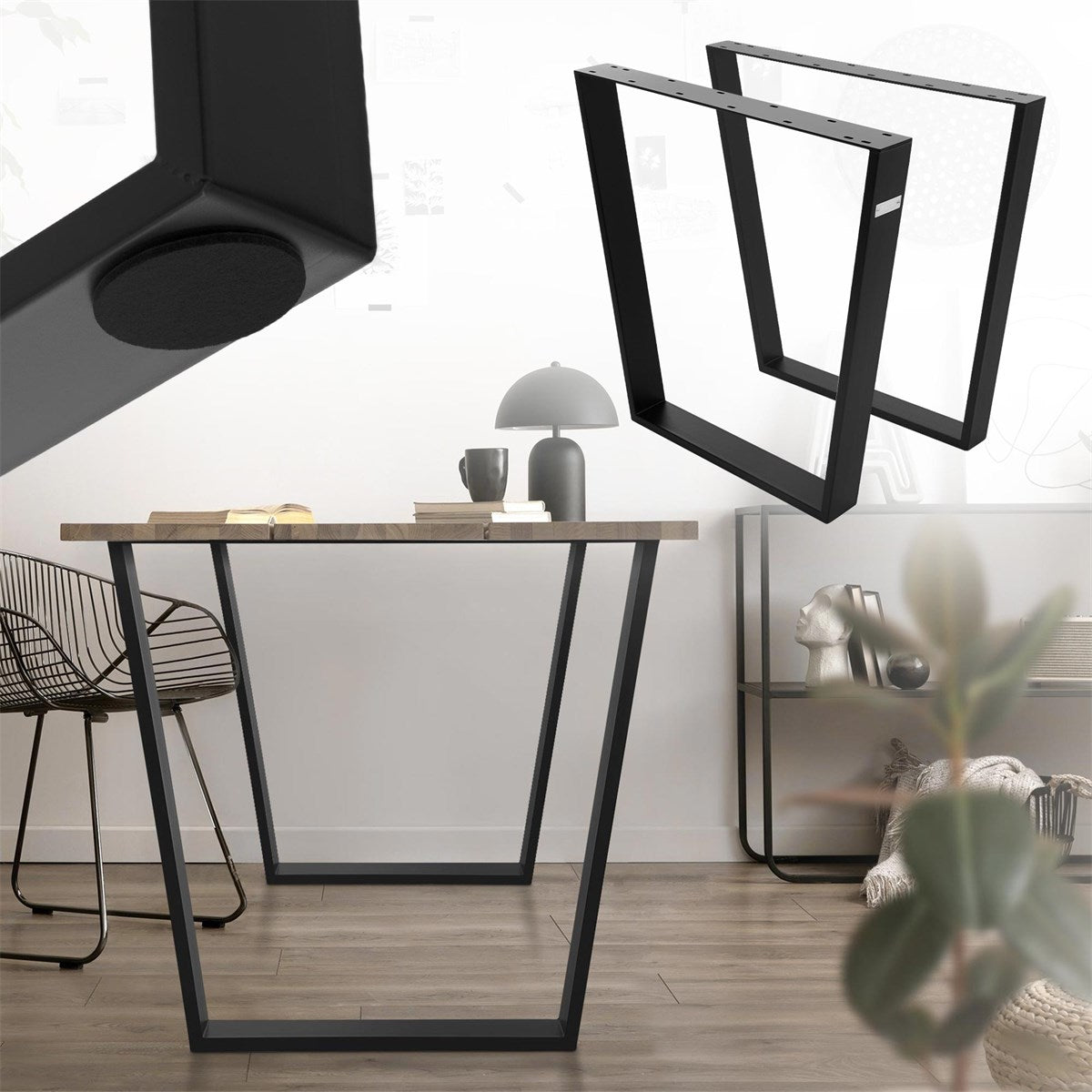 Estructura de mesa negra con tablero de madera, en una habitación moderna.