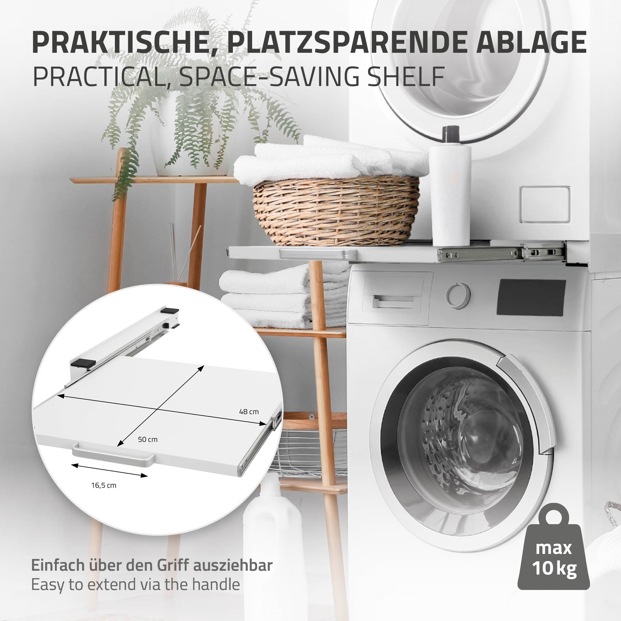 Praktische, platzsparende Ablage, abgebildet neben einer Waschmaschine.