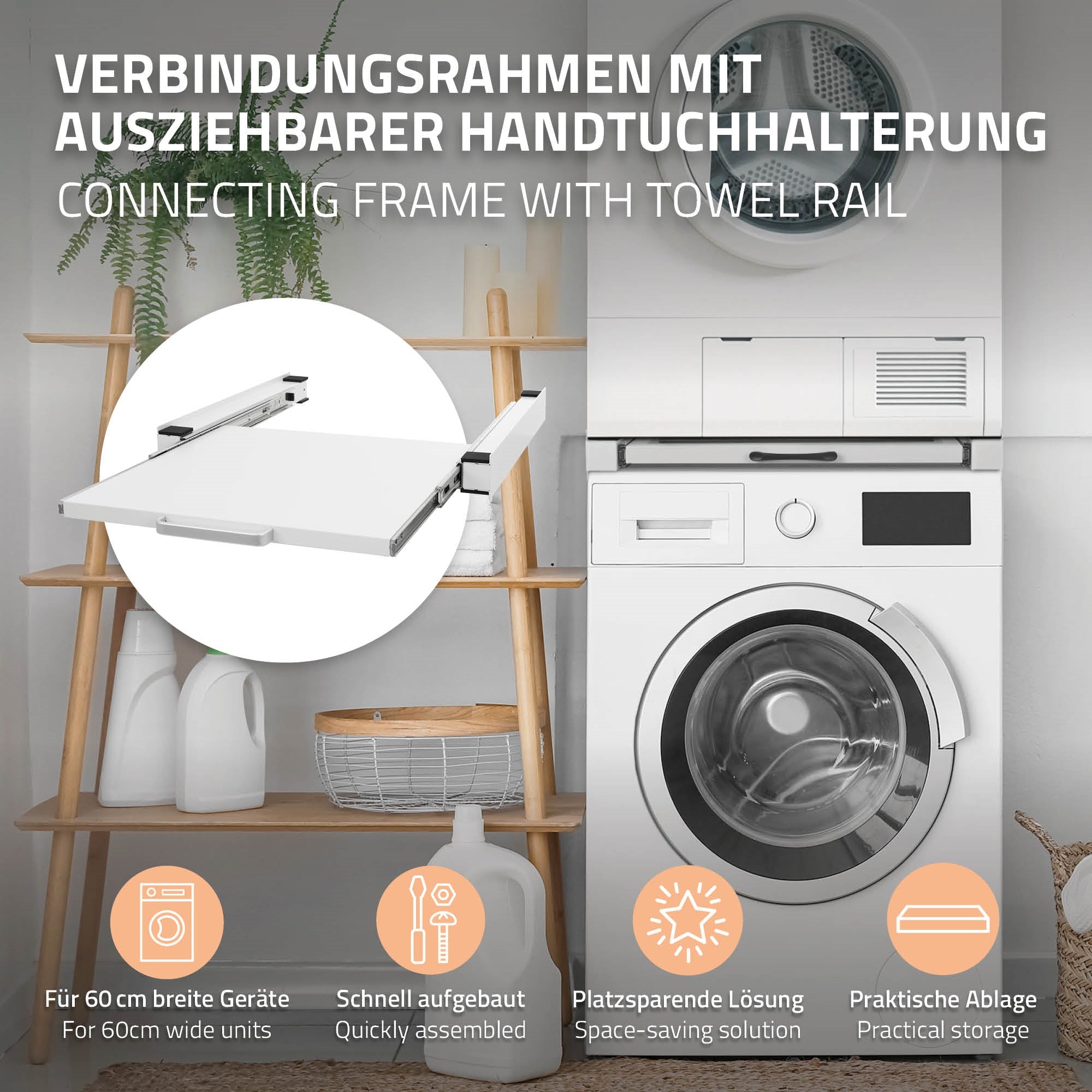 Verbindungsrahmen mit Handtuchhalterung neben einer Waschmaschine.