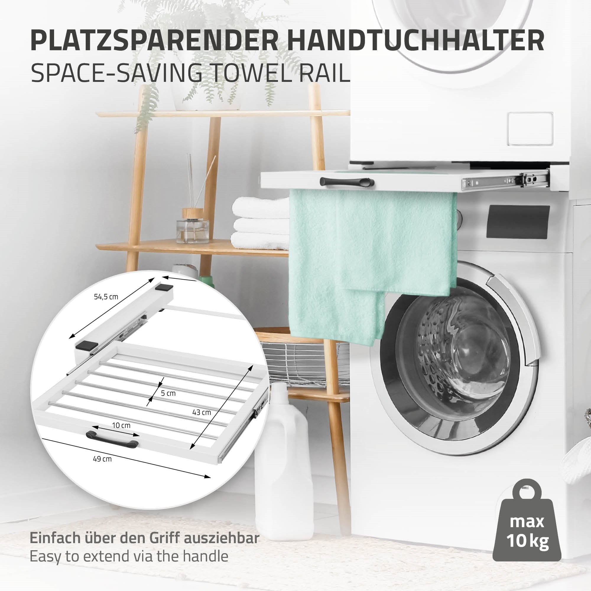 Platzsparender Handtuchhalter, abgebildet neben einer Waschmaschine.