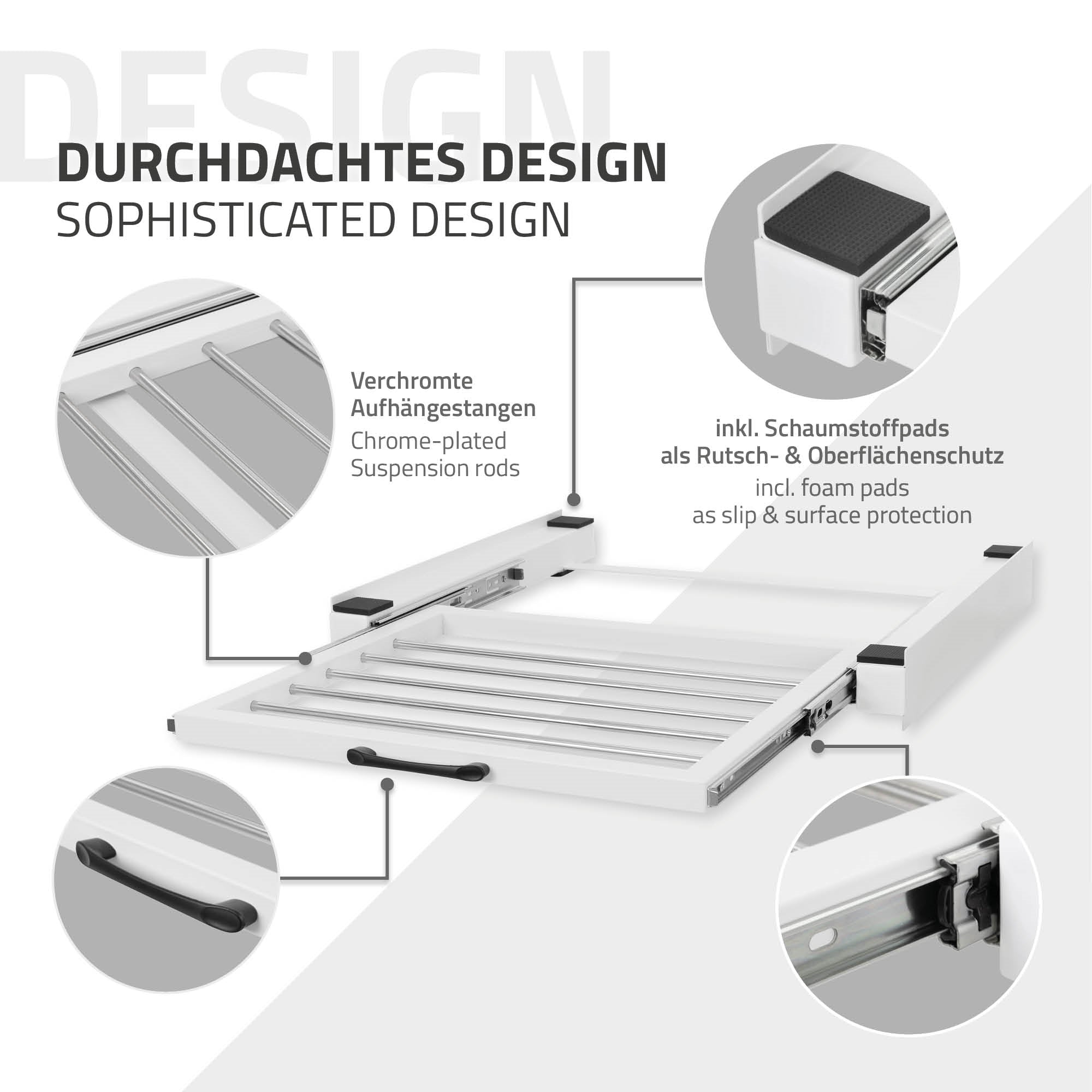 Detailansicht eines Designs mit verchromten Aufhängestangen und Schaumstoffpads.