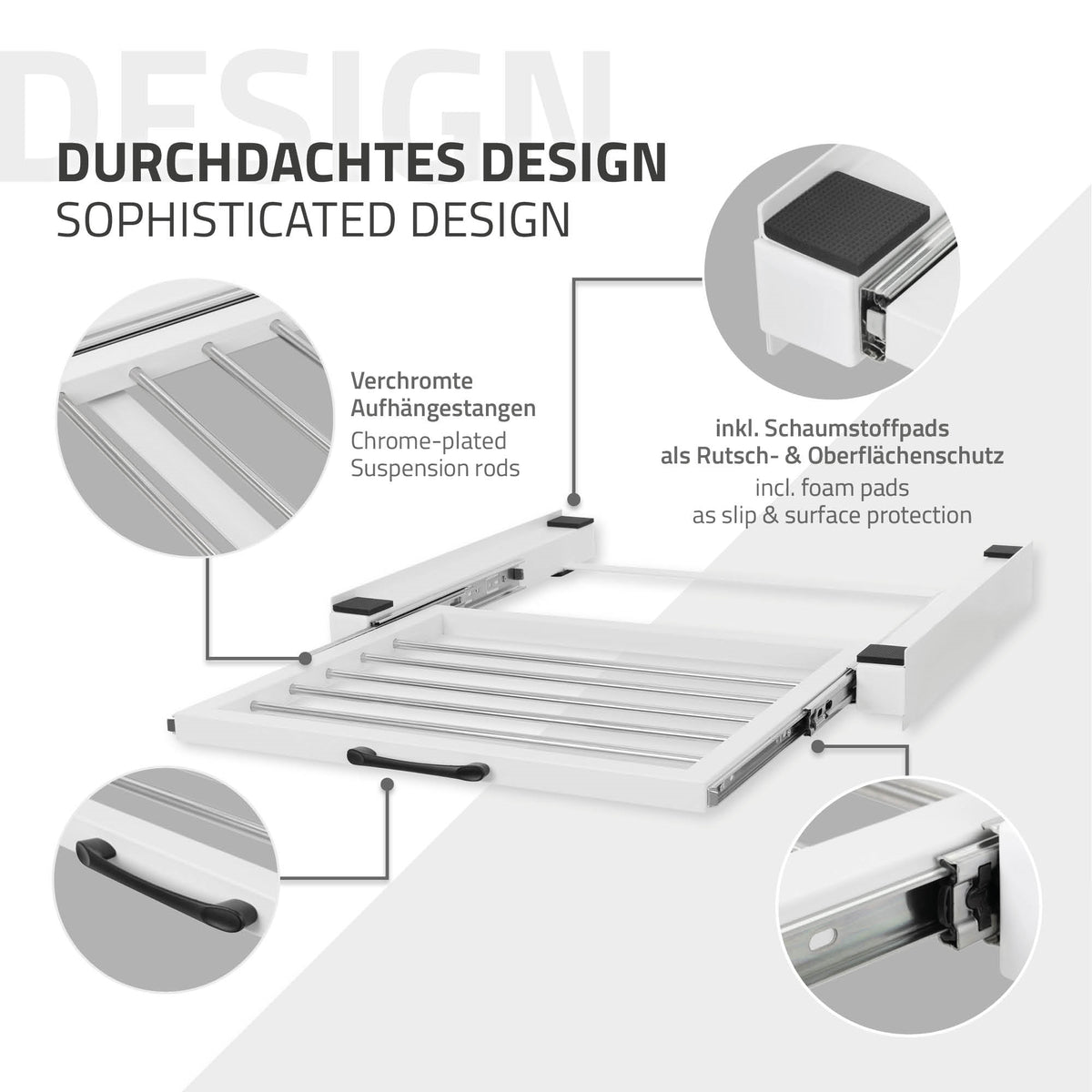 Vista dettagliata di un design con barre di sospensione cromate e pad in schiuma.
