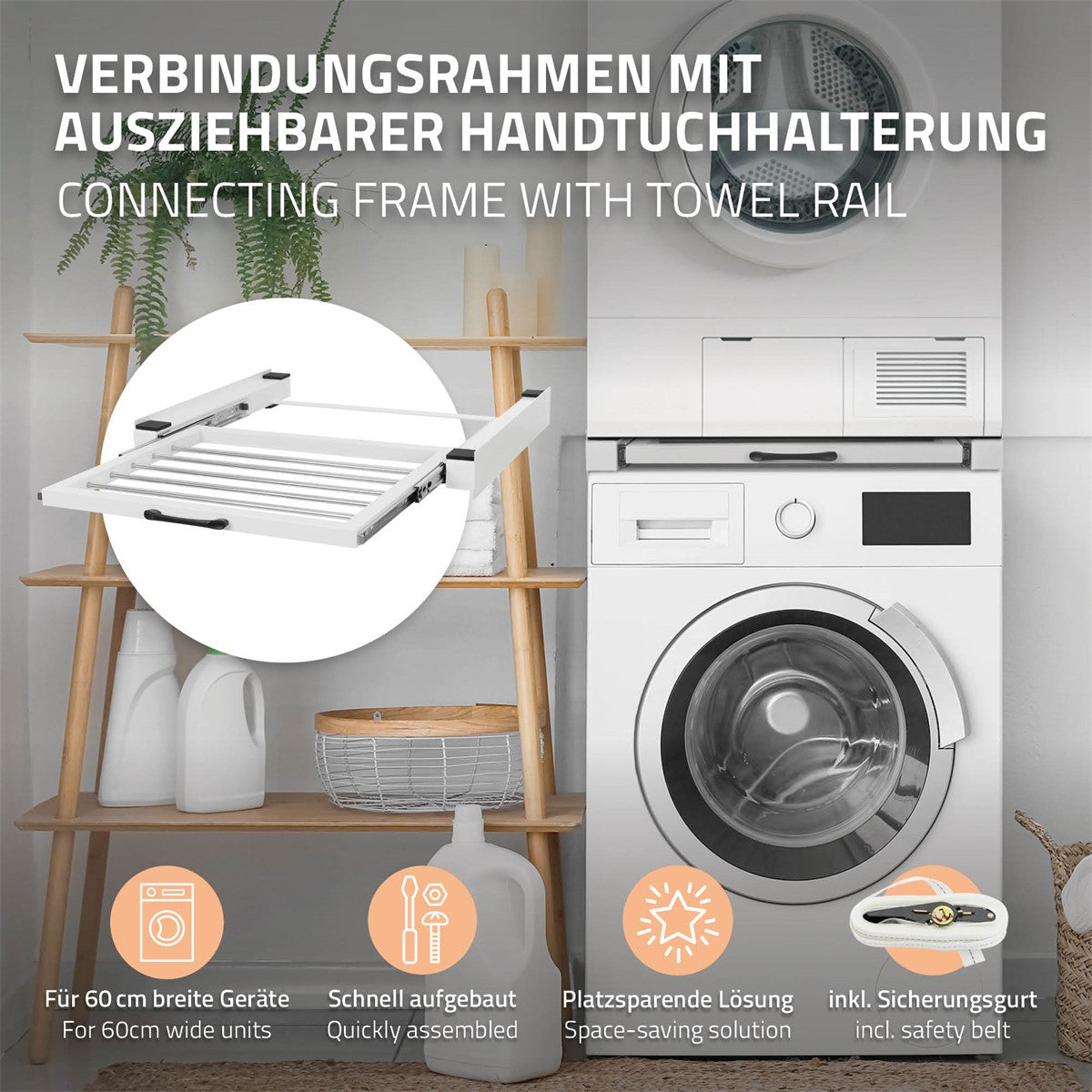 Verbindungsrahmen mit Handtuchhalterung, auf einem Regal platziert.
