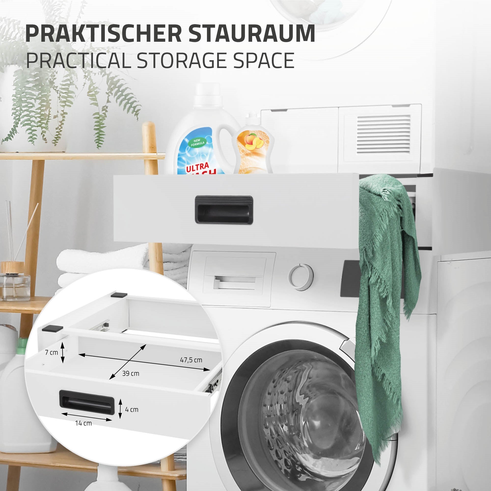 Waschmaschine mit Ablage und Reinigungsmitteln, grüne Handtuch und Maßangaben.