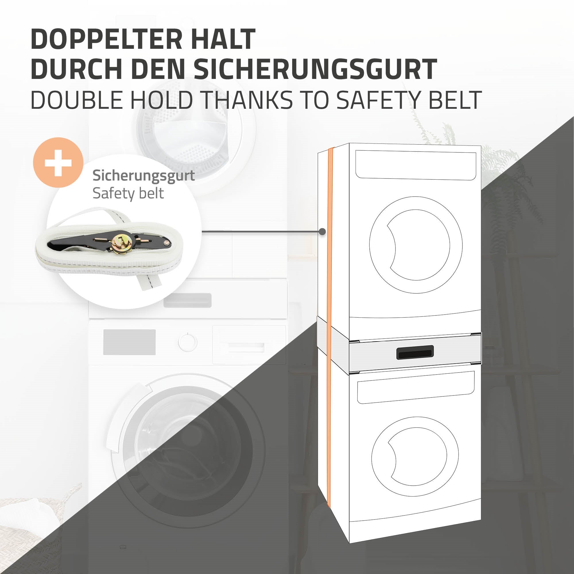 Illustratie van een wasmachine-stapel met veiligheidsgordel voor stabiliteit.