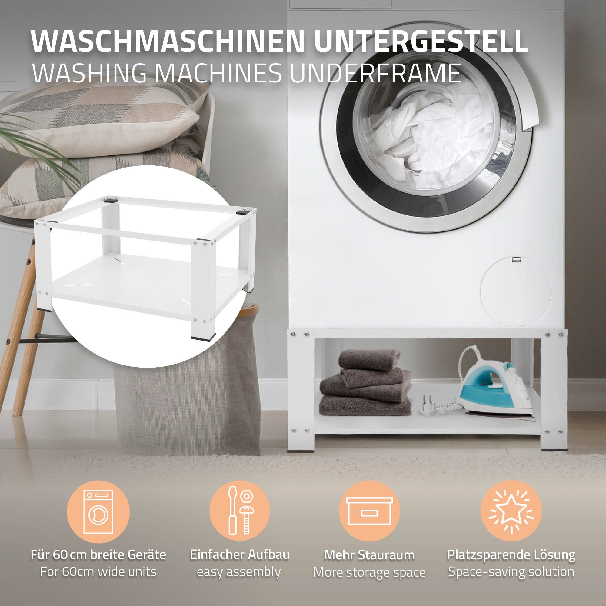 Waschmaschinenuntergestell mit Platz für eine Waschmaschine und zusätzlichem Stauraum.