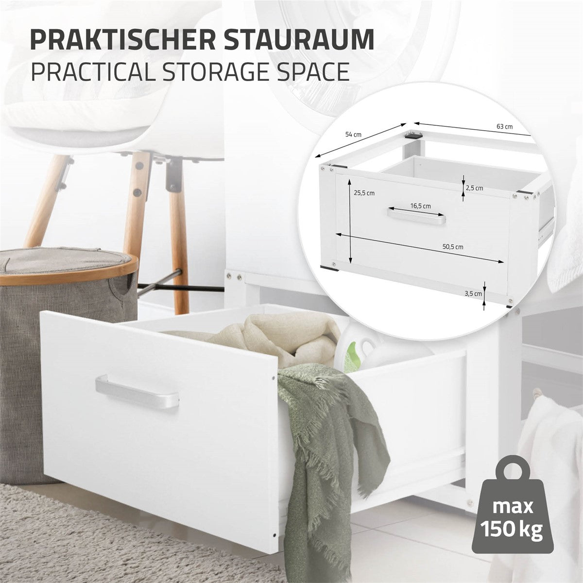 Aufbewahrungsschublade mit Abmessungen und maximaler Tragfähigkeit von 150 kg.