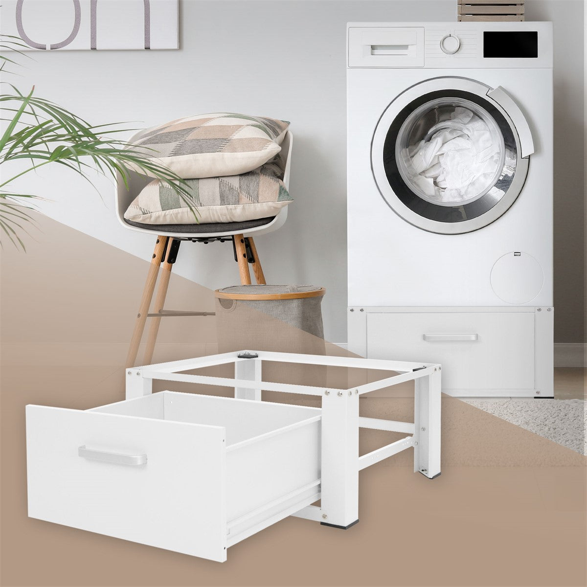 A white drawer cabinet next to a washing machine in a modern room.