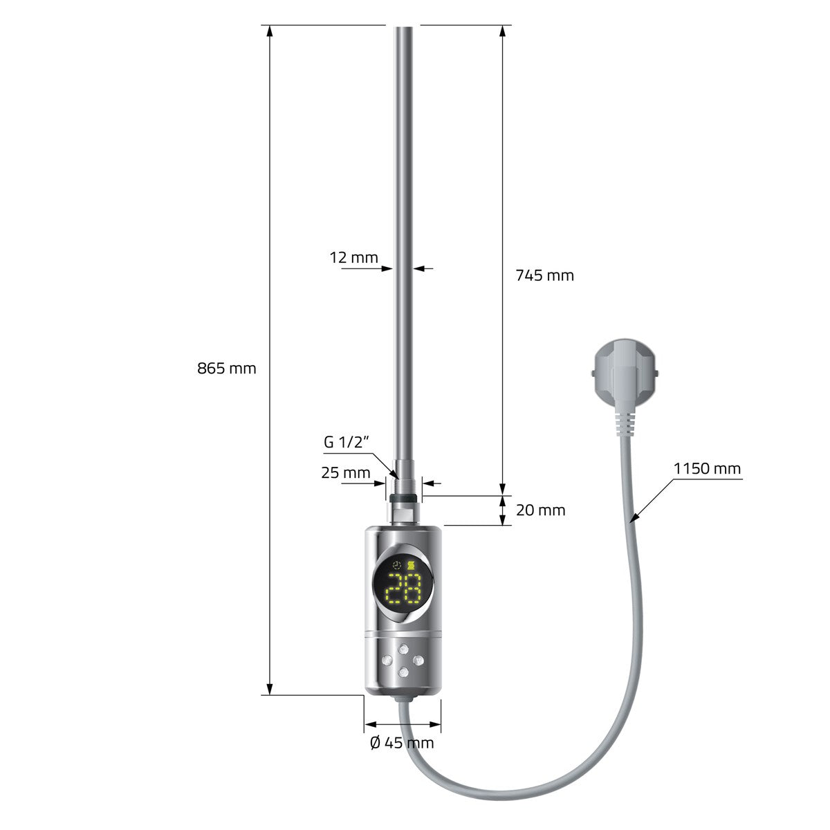Technical drawing of a device with dimensions and connection details.
