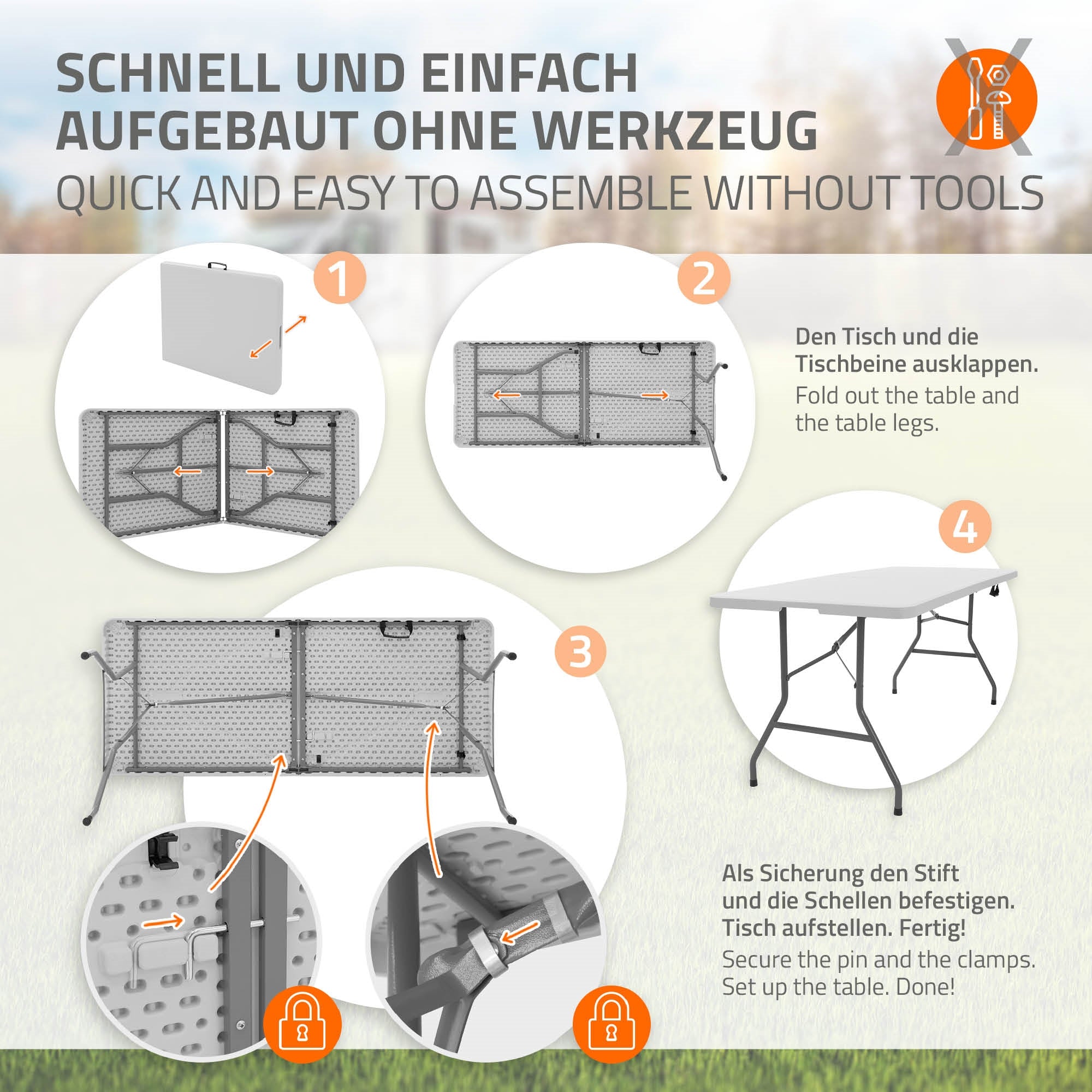Instructions for quickly assembling a table without tools in four steps.