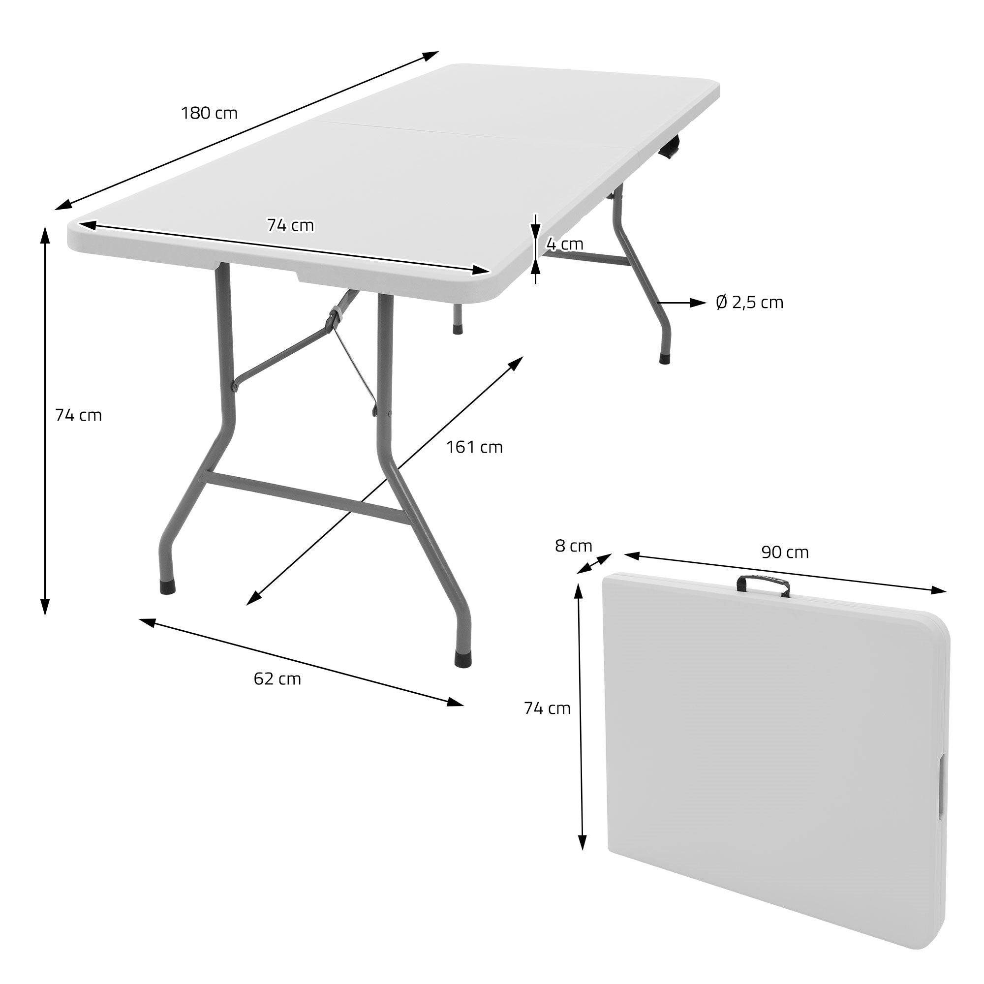Dimension drawing of a foldable table with measurements and folding mechanism.