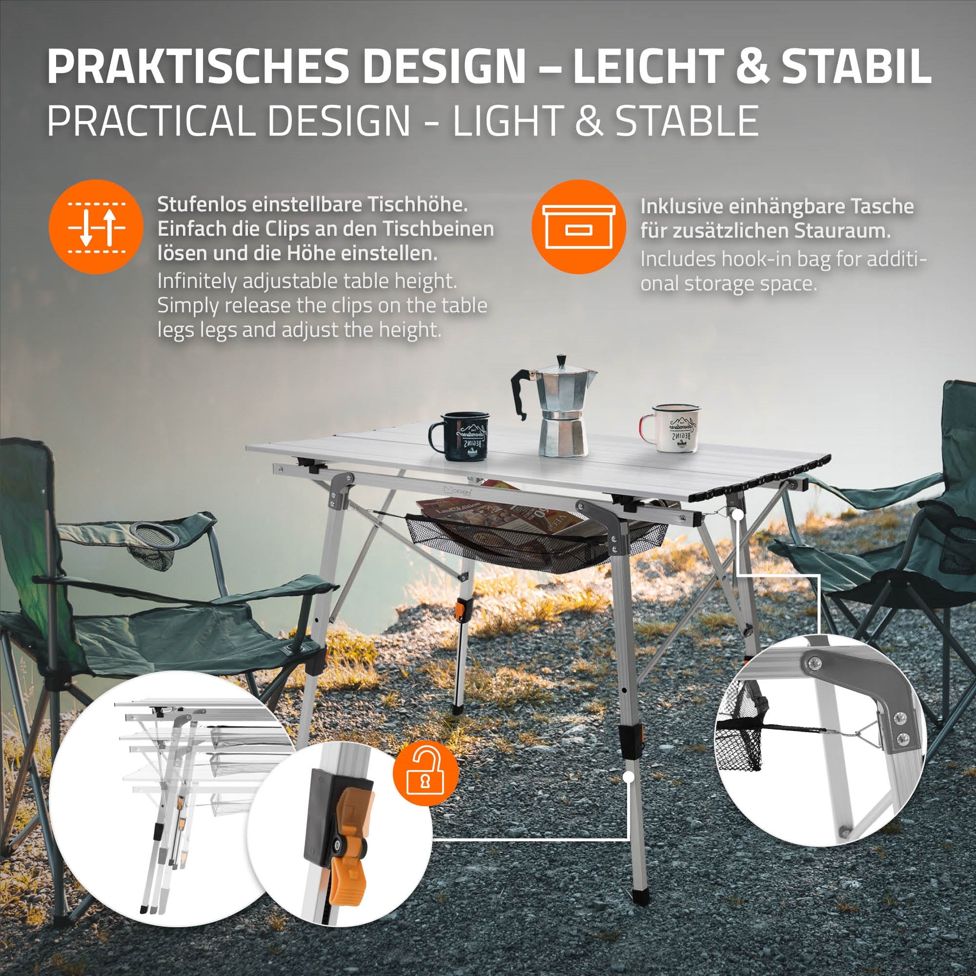 Tisch mit Kaffeekanne und Stühlen, stabil und höhenverstellbar, im Freien aufgestellt.