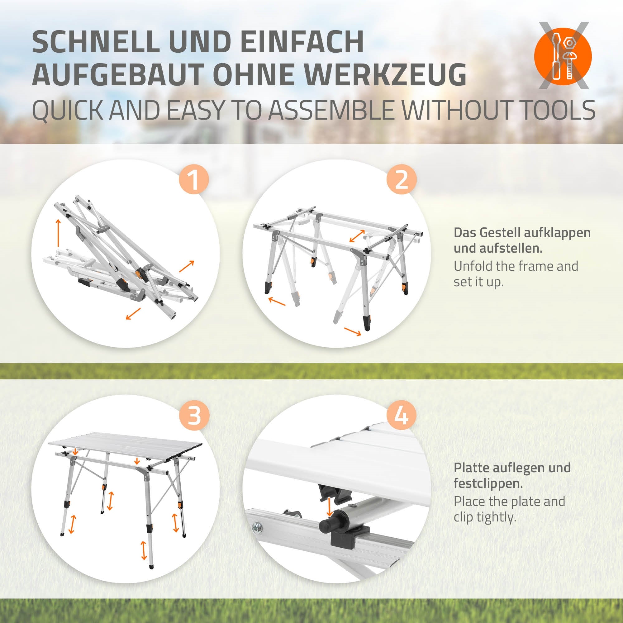Anleitung zum einfachen Aufbau eines Tisches ohne Werkzeug.