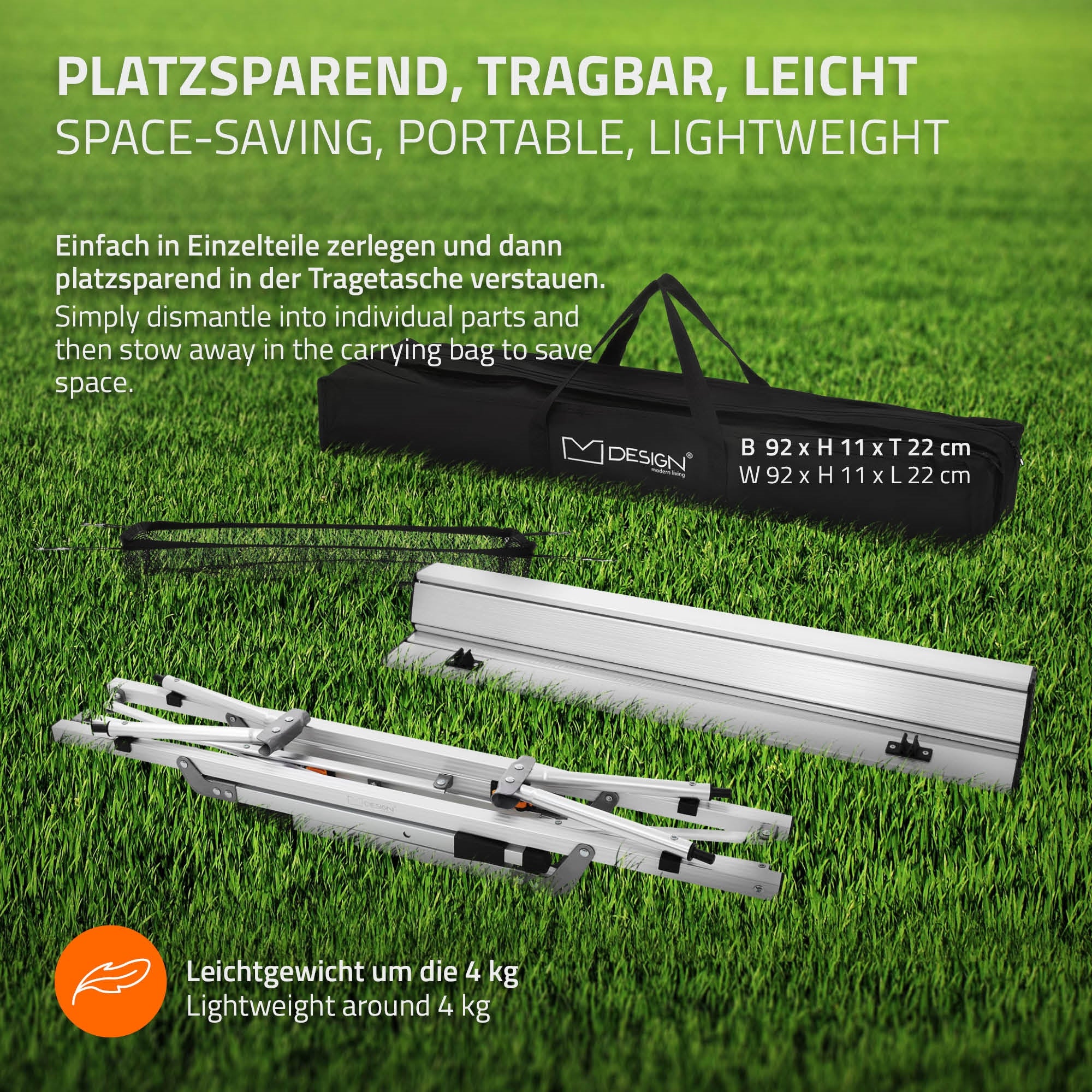 Tragbare Tischplatte in Tragetasche, leicht und platzsparend.