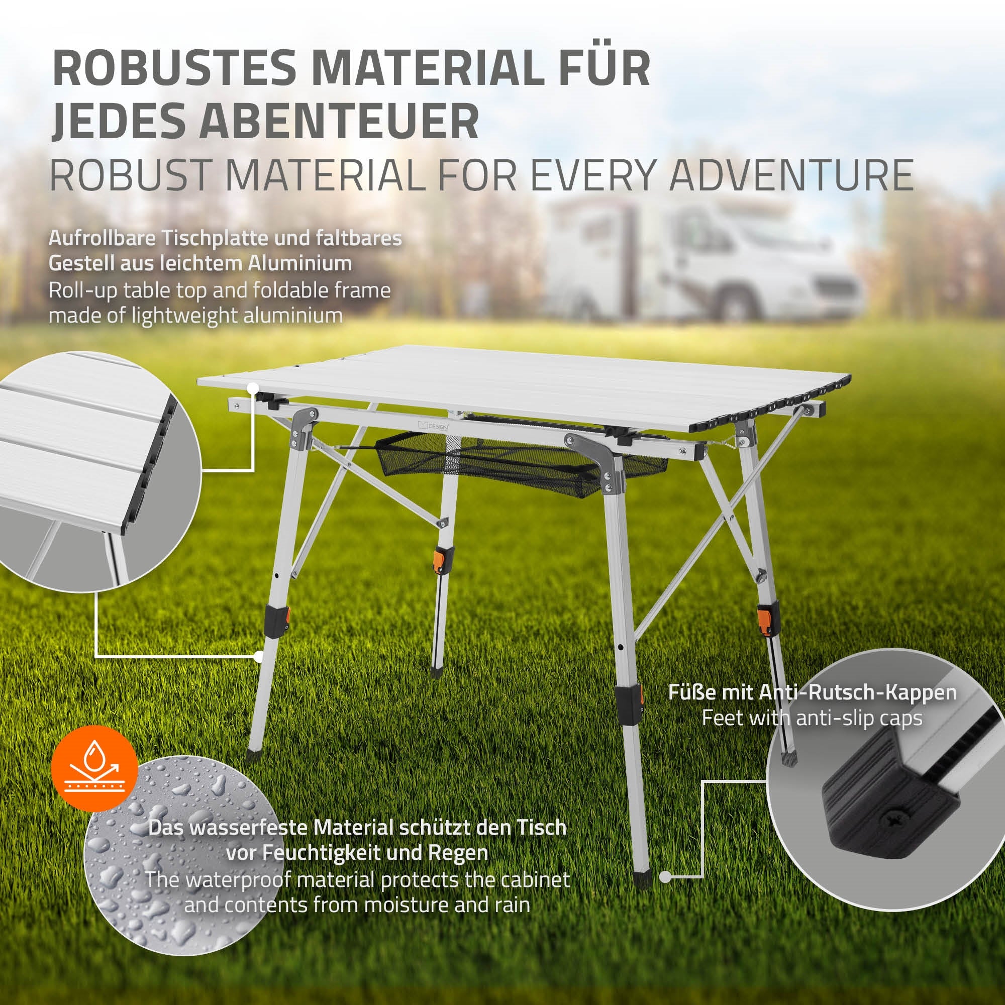 Tisch aus robustem Material, geeignet für Outdoor-Aktivitäten.