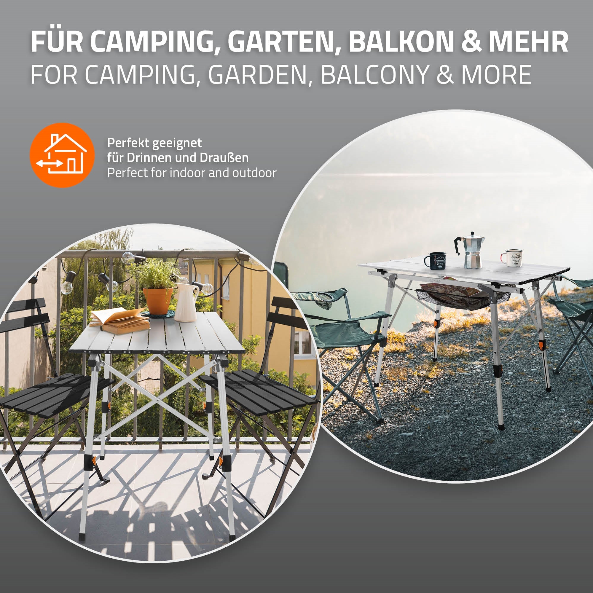 Zwei Bilder von einem Campingtisch im Freien, mit Stühlen.