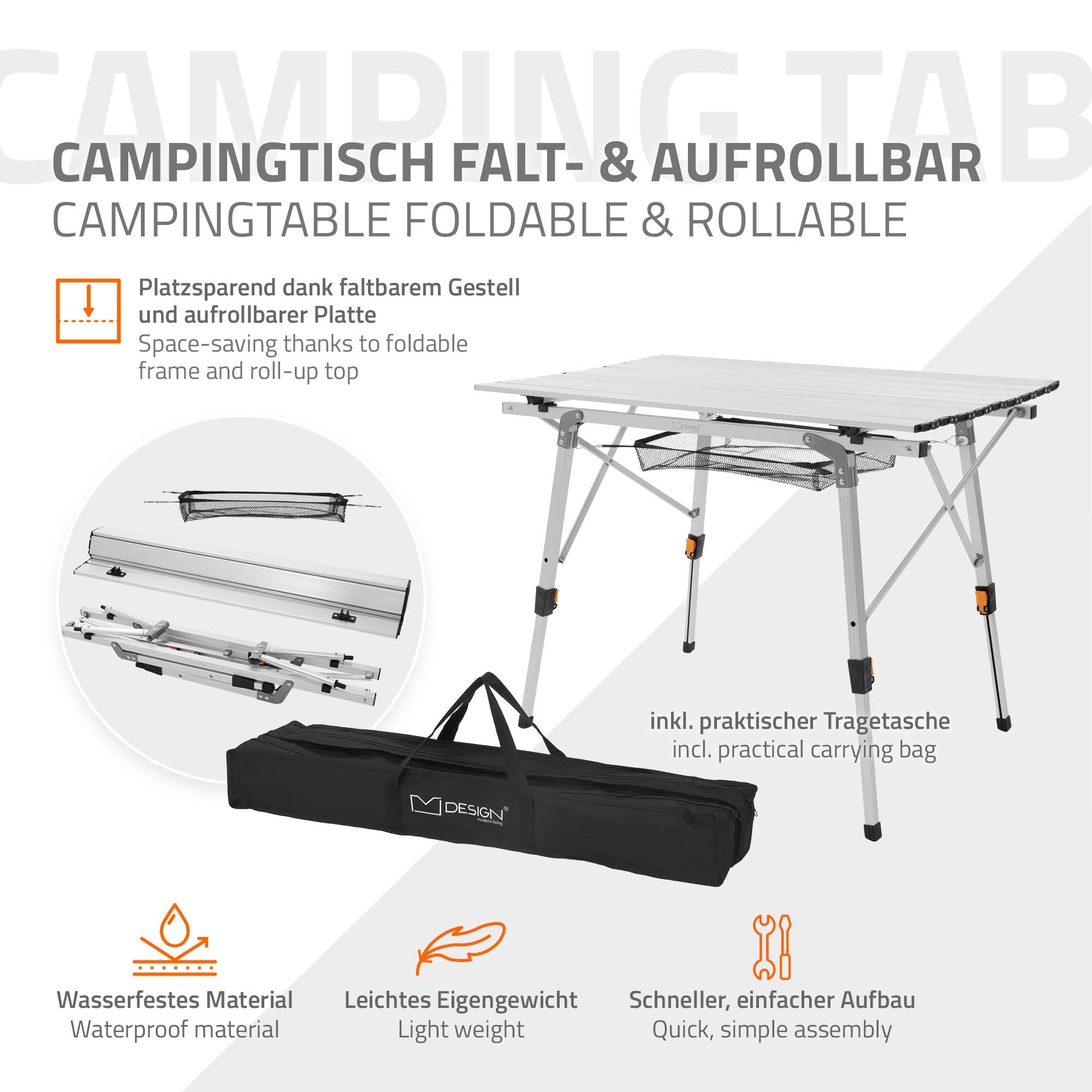 Faltbarer Campingtisch mit Tragetasche und zusammenklappbaren Teilen.