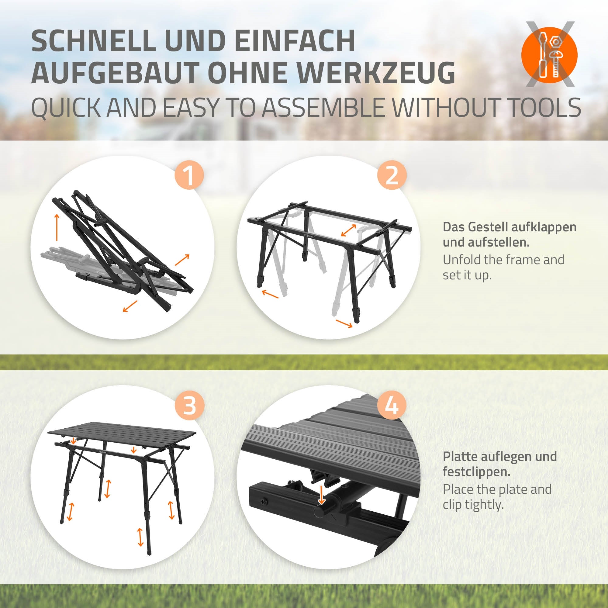 Instructions pour le montage d'une table sans outils, en quatre étapes.