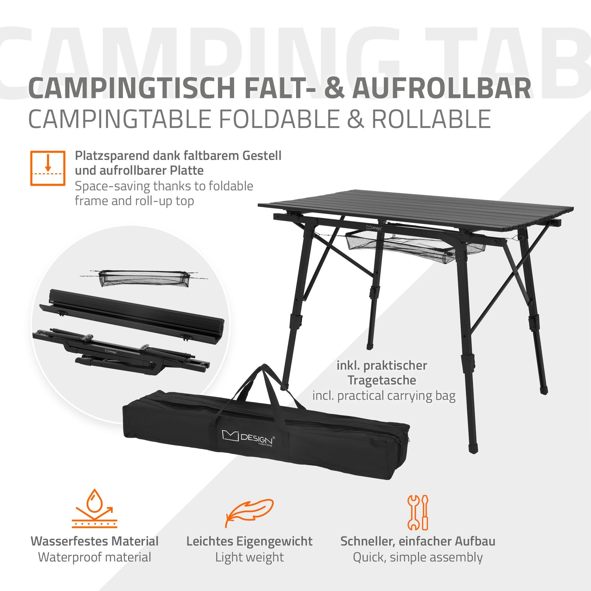 Table de camping pliante avec sac de transport et coins arrondis.