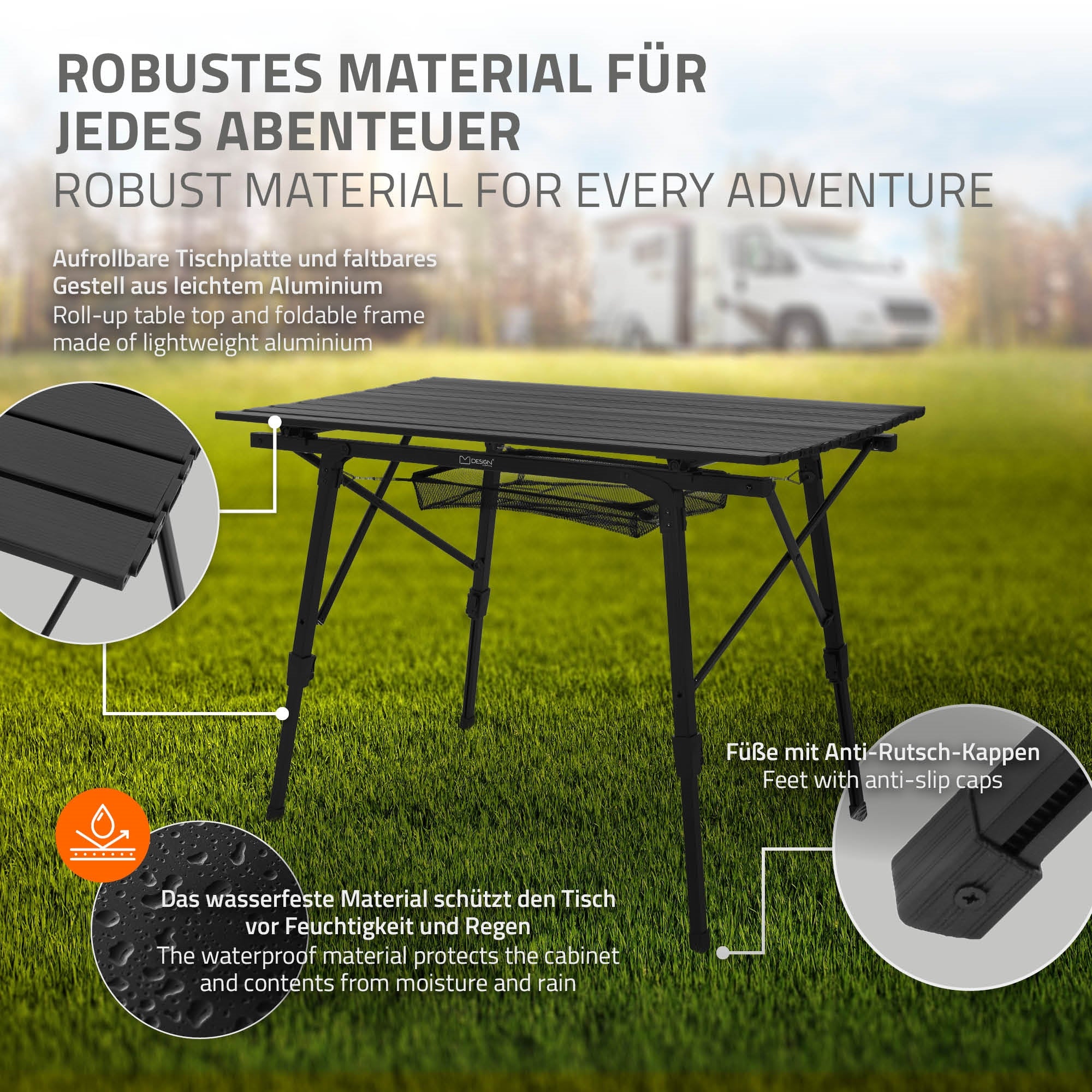 Table pliante avec cadre en aluminium et bouchons antidérapants.