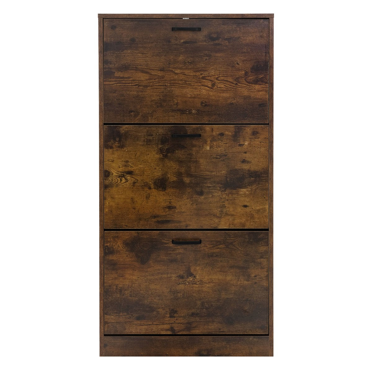 Holzschrank mit drei Fächern und Griffen, vor neutralem Hintergrund.