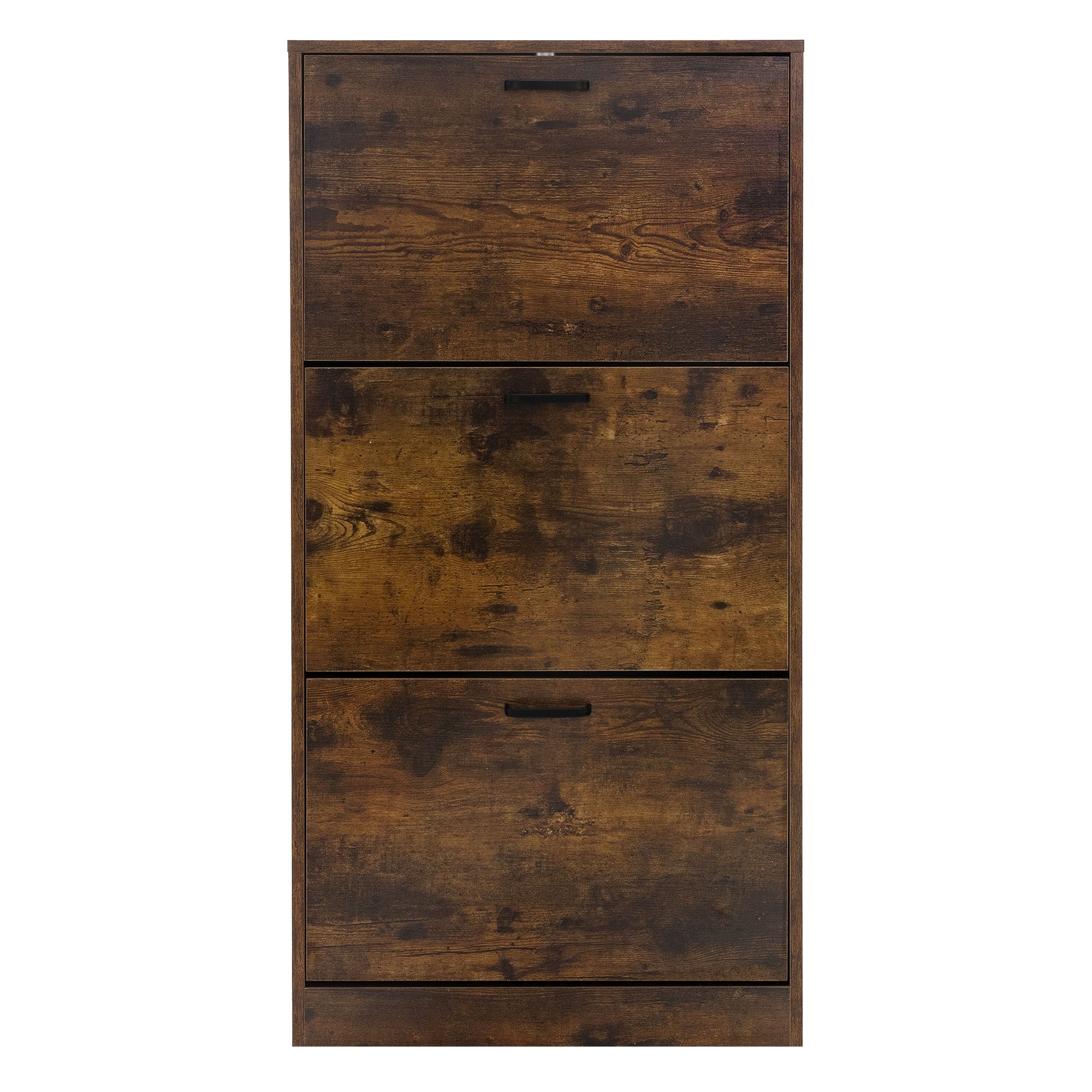 Holzschrank mit drei Fächern und Griffen, vor neutralem Hintergrund.