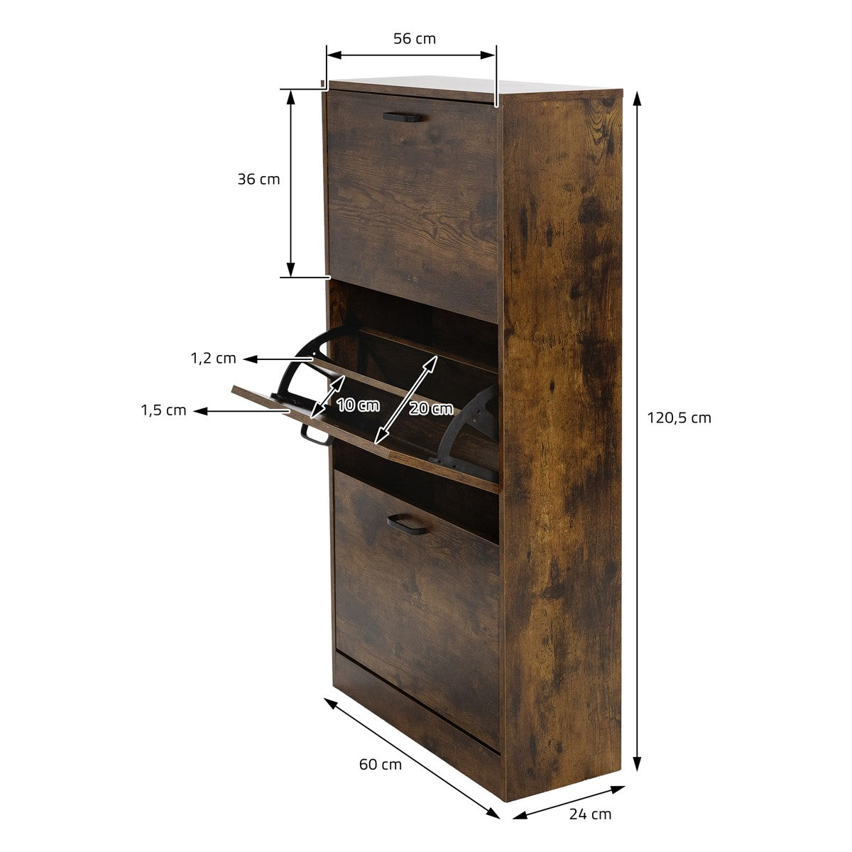 Maßzeichnung eines Holzschuhschranks mit Abmessungen und Details.