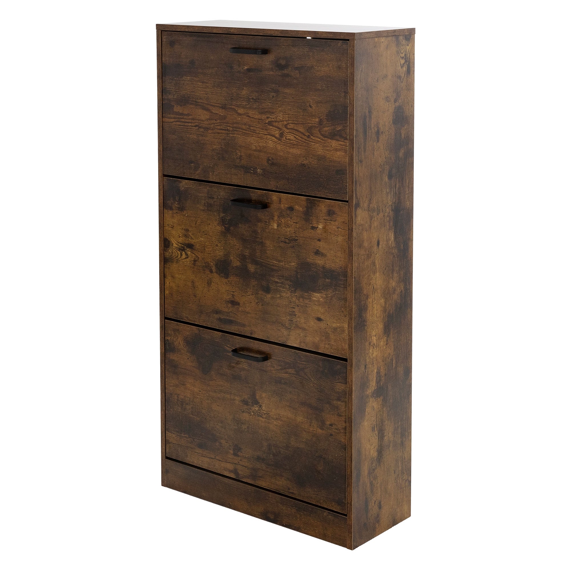 Brauner Schuhschrank mit drei Klappen und einem unteren Fach.