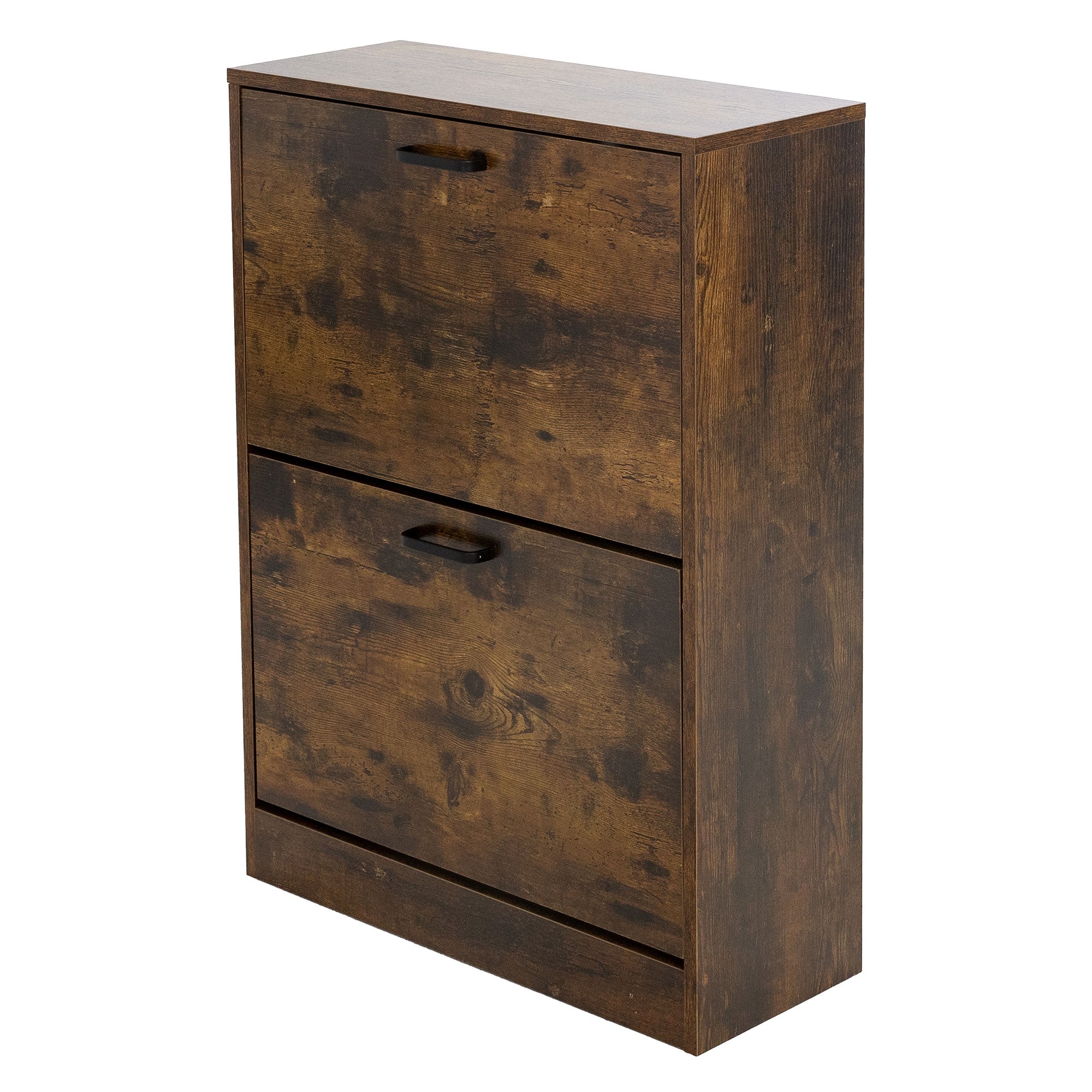 Dark brown wooden cabinet with two drawers and handles.