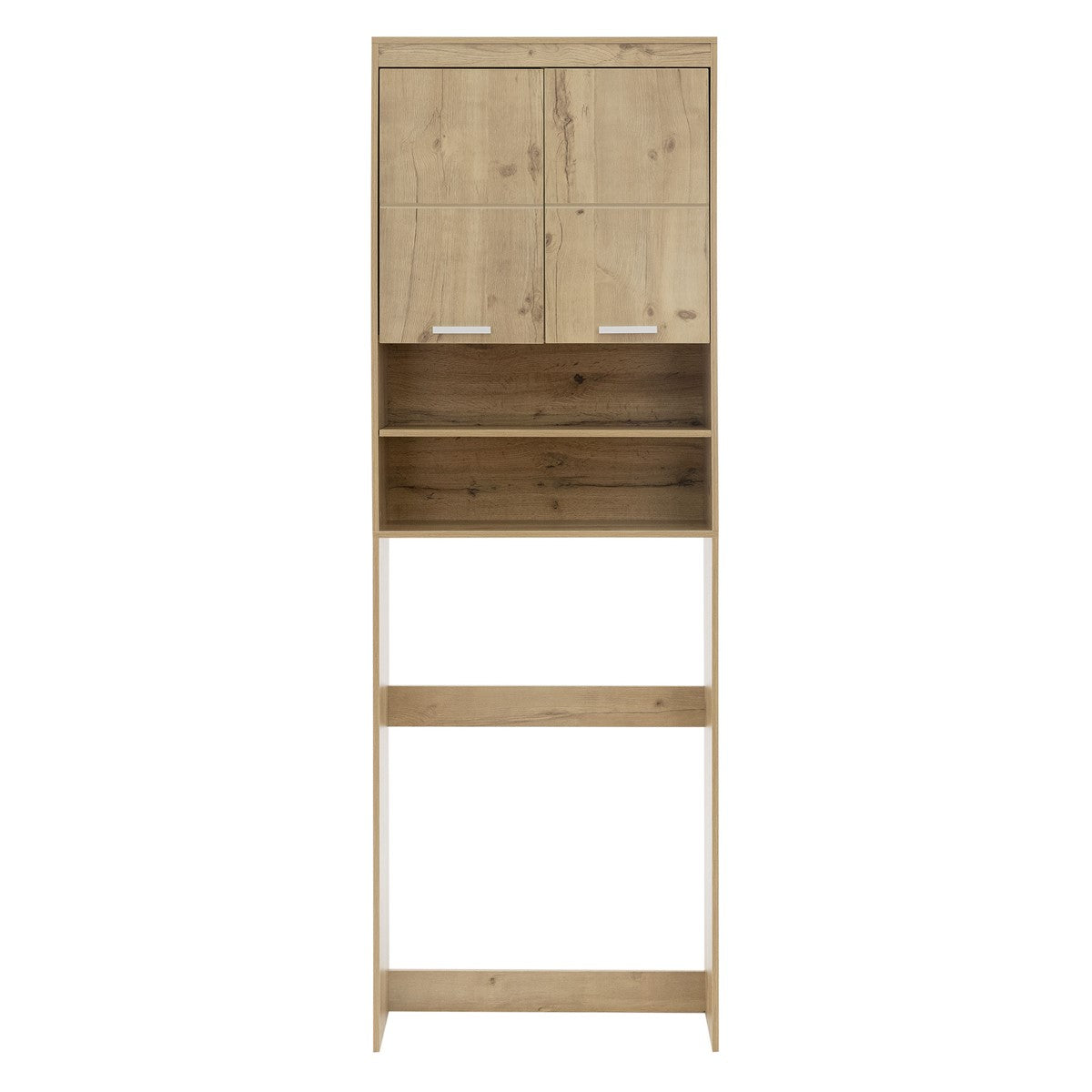 Holzschrank mit zwei Türen und einem offenen Regal darunter.