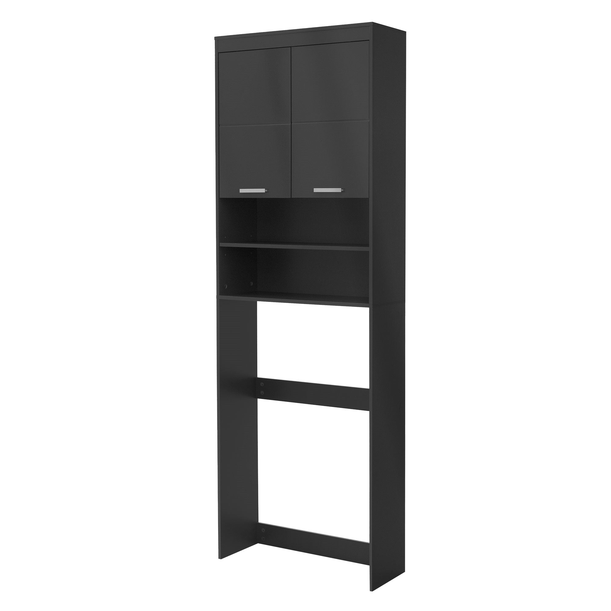Armadio alto nero con due porte e uno scaffale aperto sottostante.