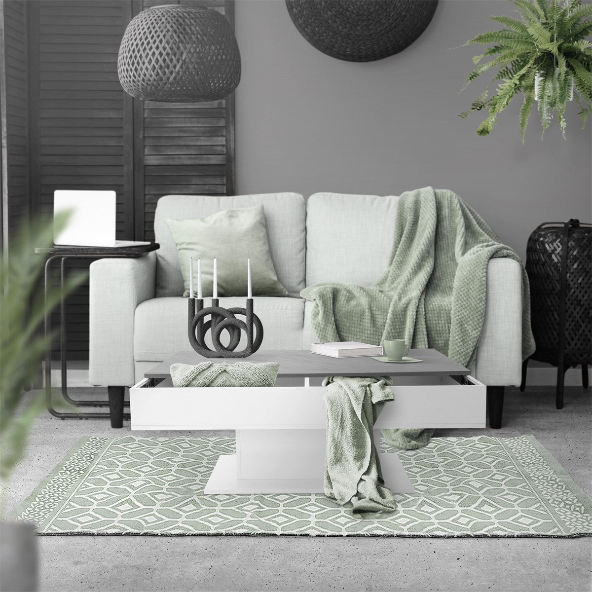 Wohnzimmer mit grauem Sofa, Tisch und Pflanzen auf einem gemusterten Teppich.