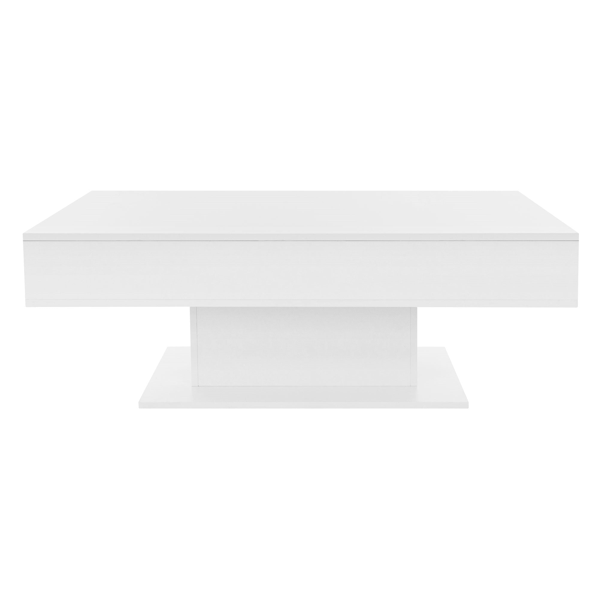 White, square table with a wide tabletop and stable base.