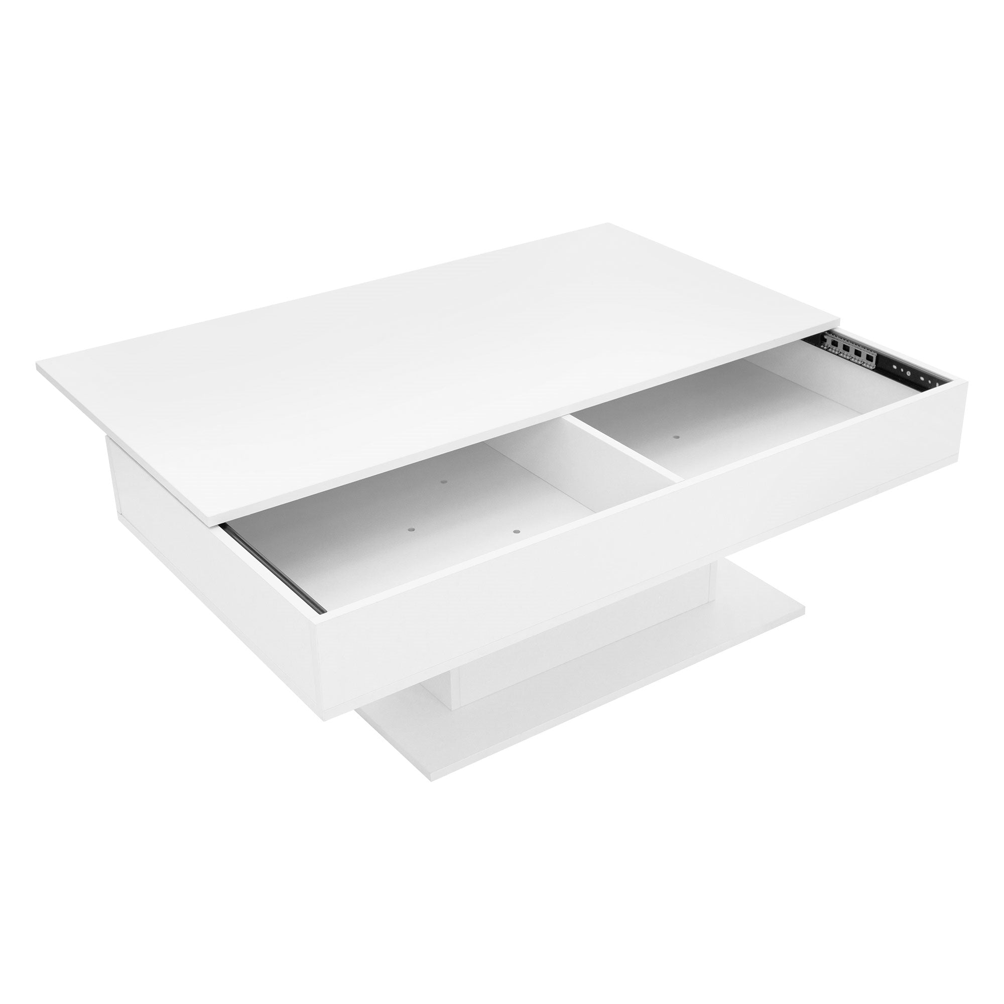 A white coffee table with two drawers and a modern design.