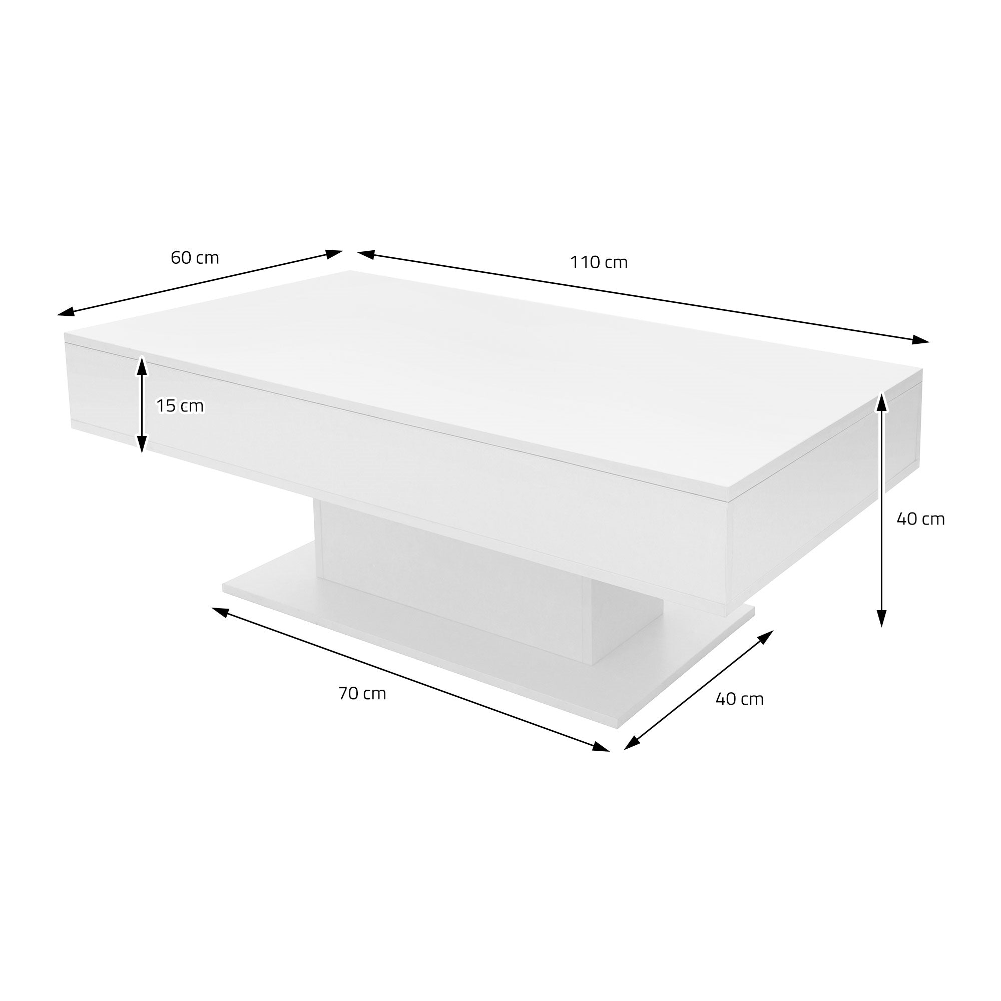 White table with dimensions, rectangular, with drawer and square base.