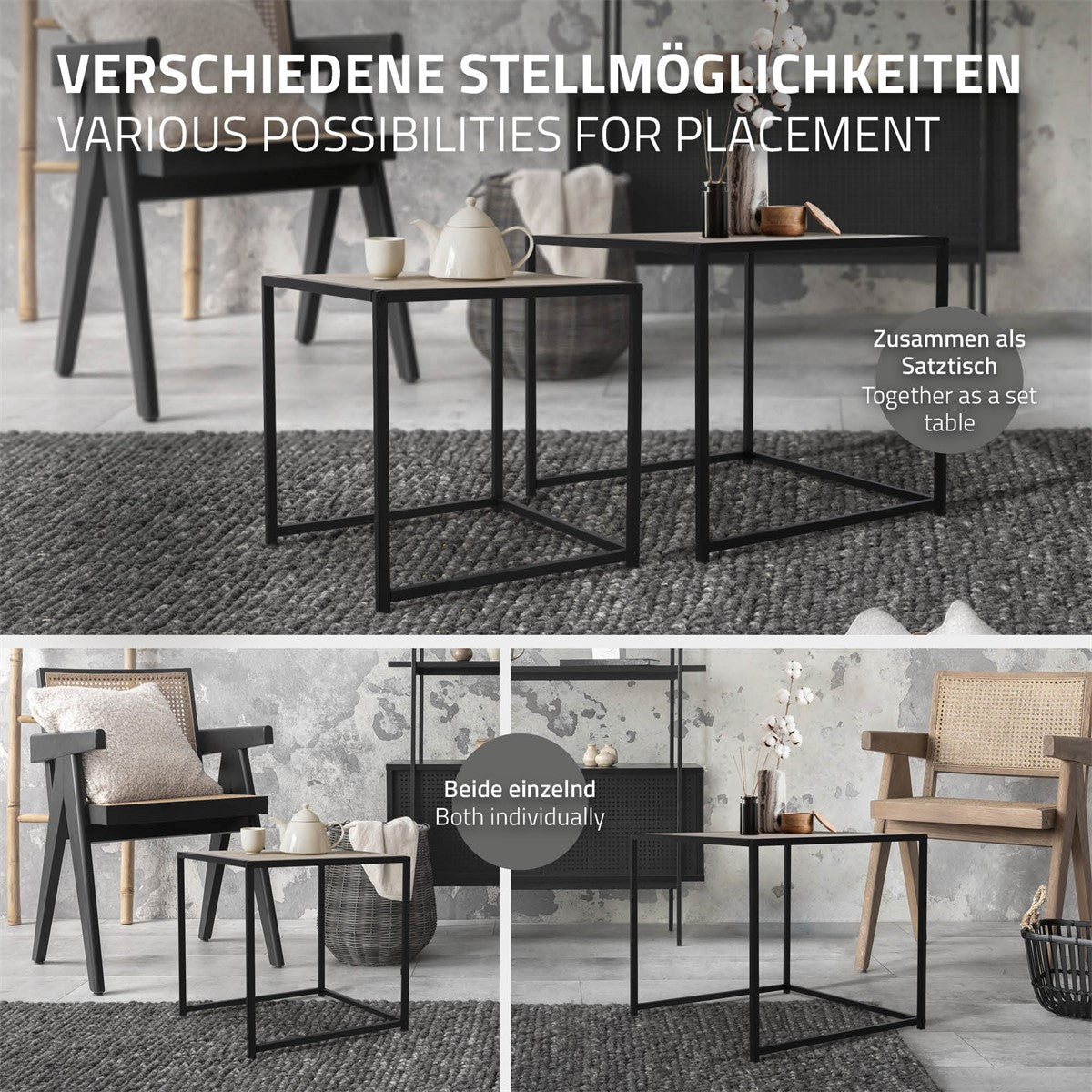 Zwei schwarze Tische auf einem Teppich, mit Stühlen im Hintergrund.