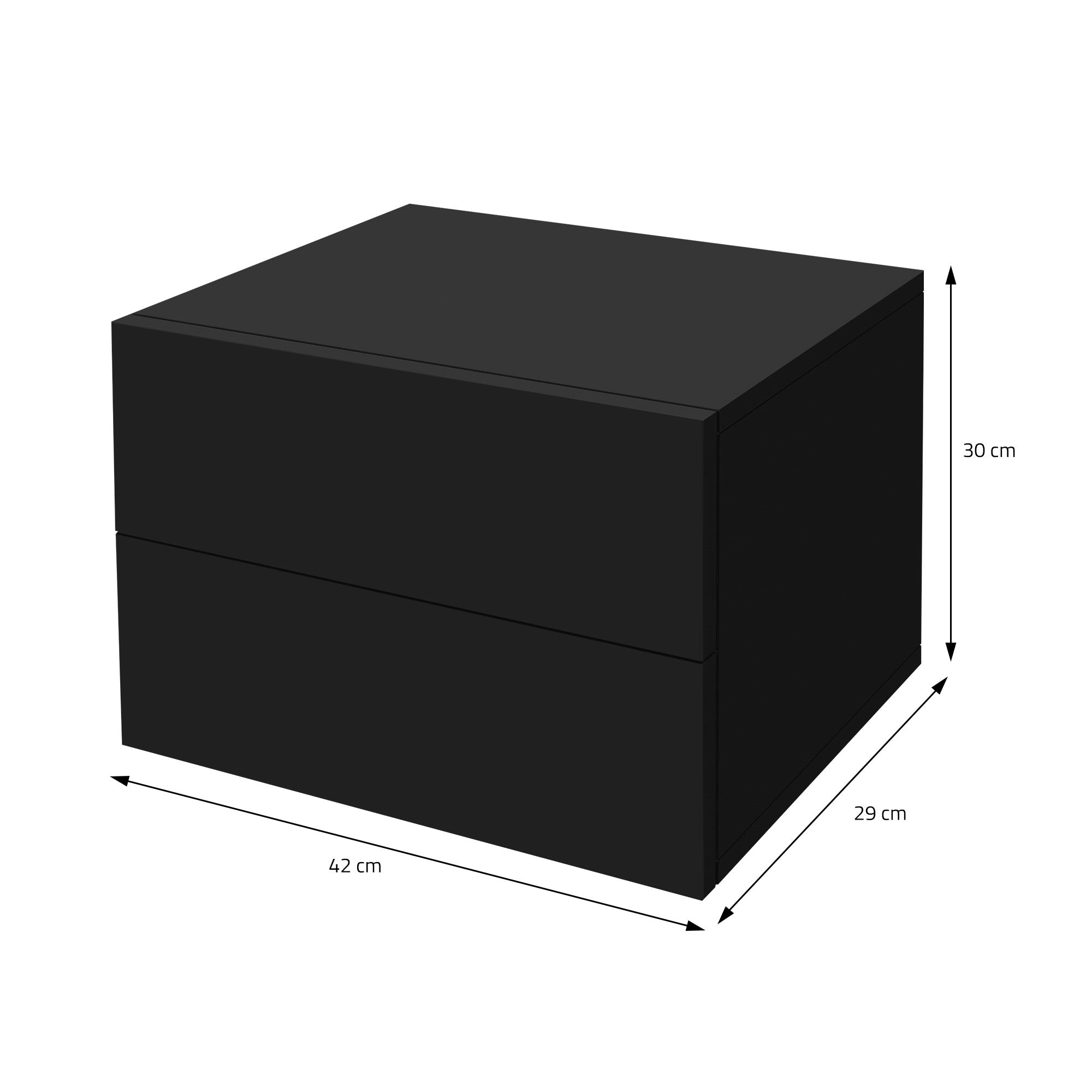 Målangivelse af et sort natteskab med dimensioner i cm.