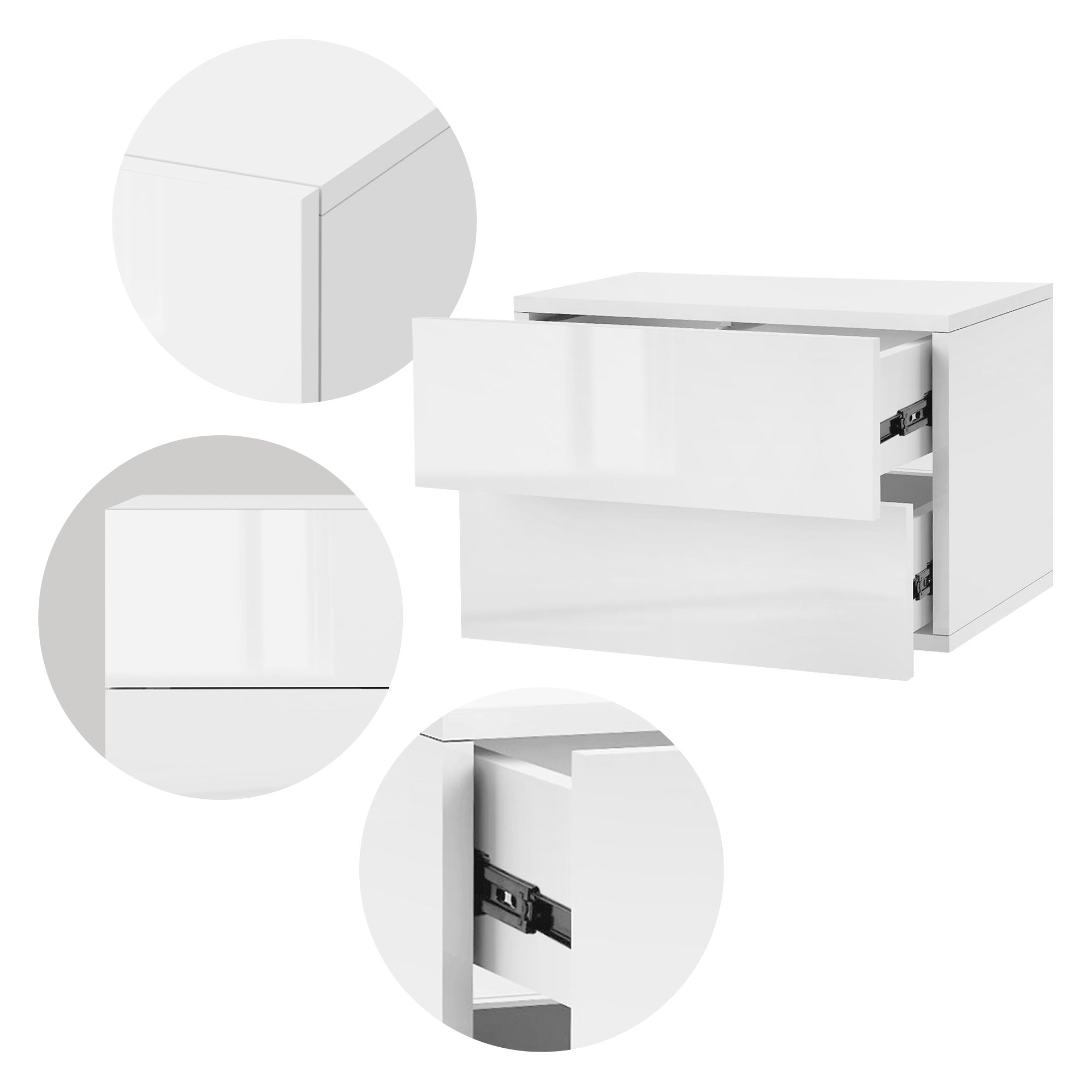 Witte kast met twee lades, detailweergave van de lades.