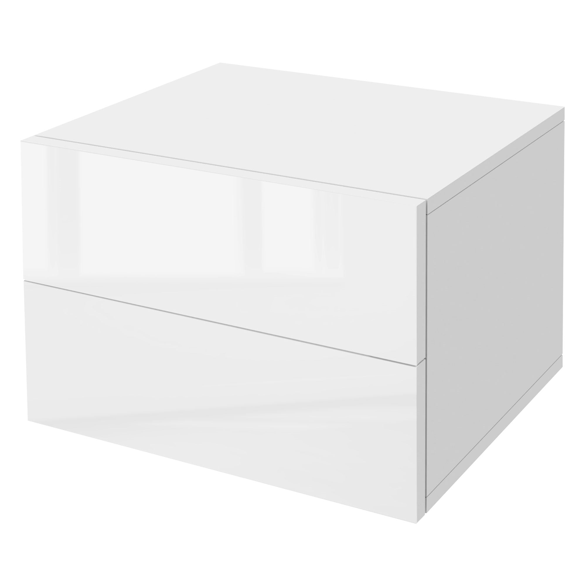 Een glanzende witte kast met twee gesloten lades.