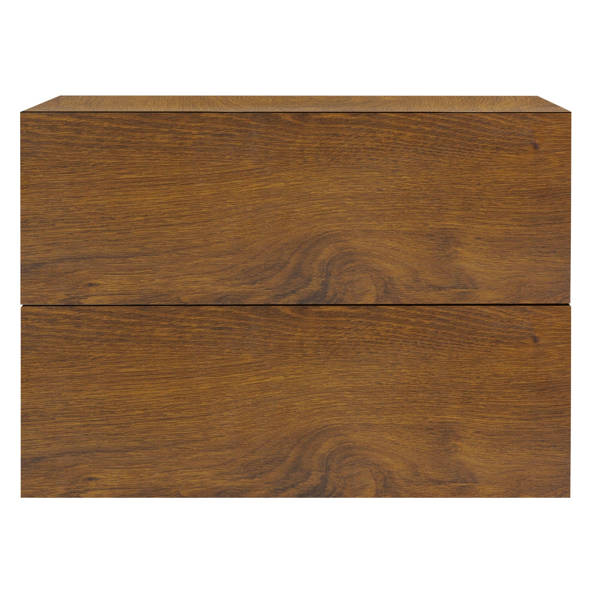 Holzfarbener Kasten mit zwei Schubladen.