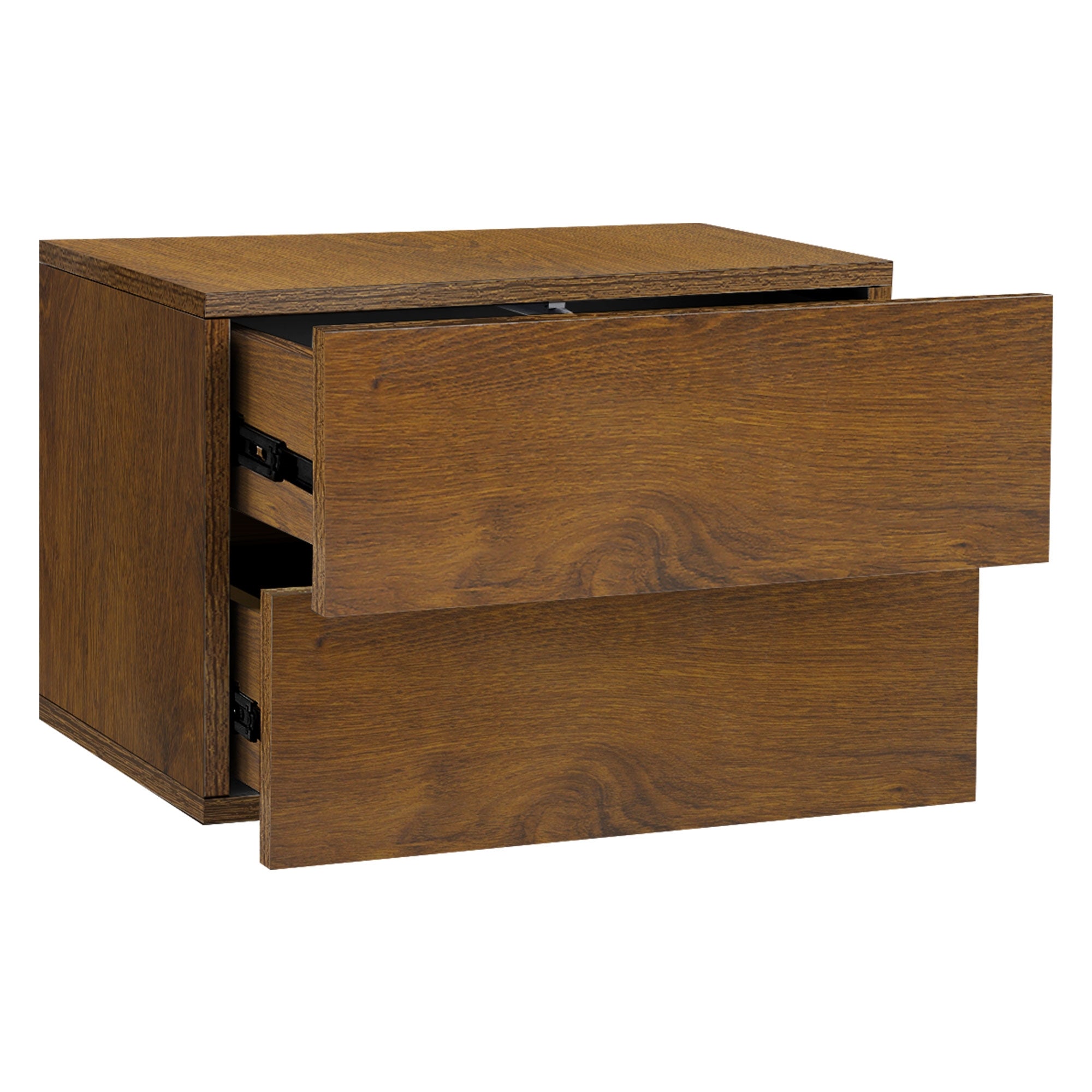 Ein Holzschrank mit zwei offenen Schubladen in dunklem Holz.