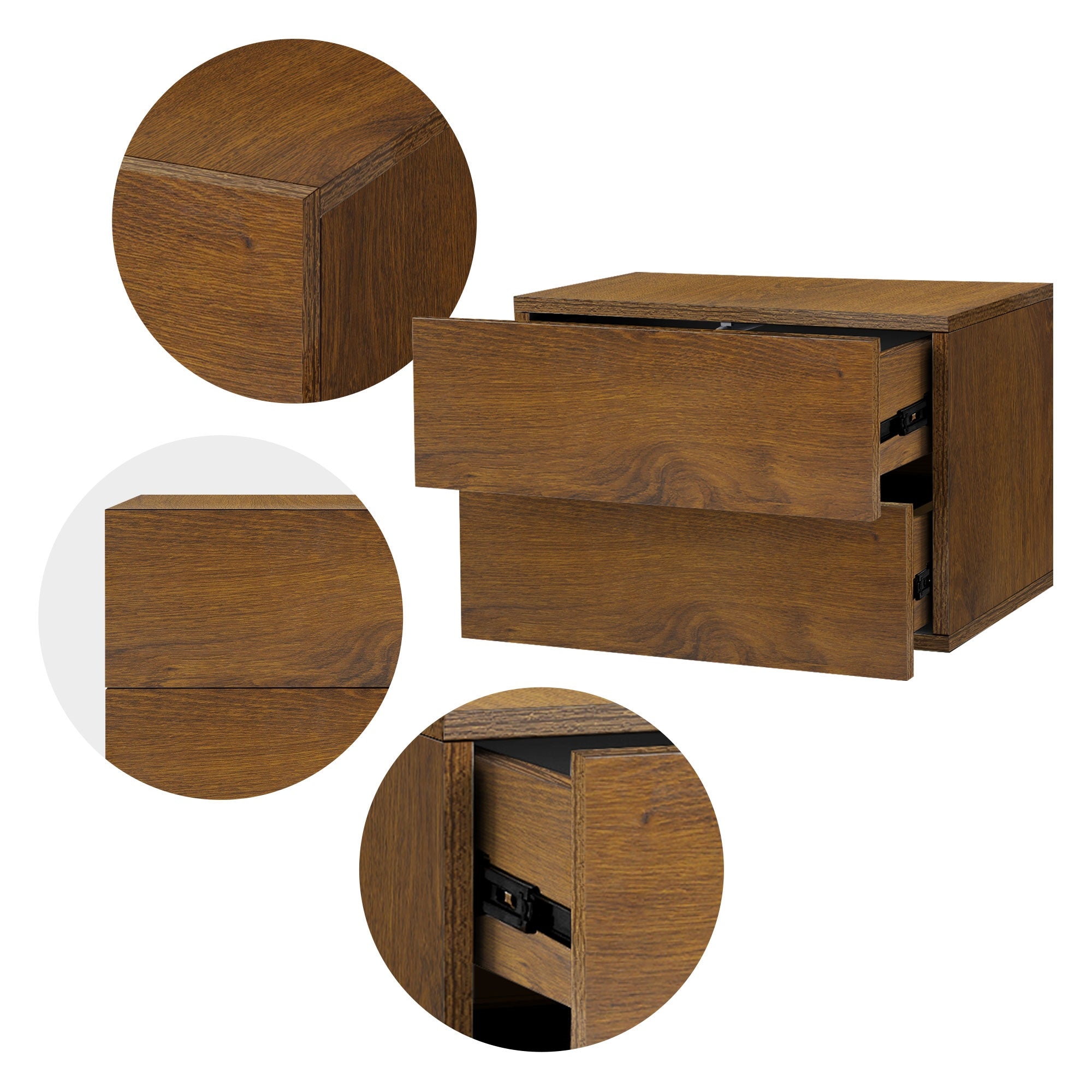 Holzschublade mit zwei Schubladen, in verschiedenen Ansichten.