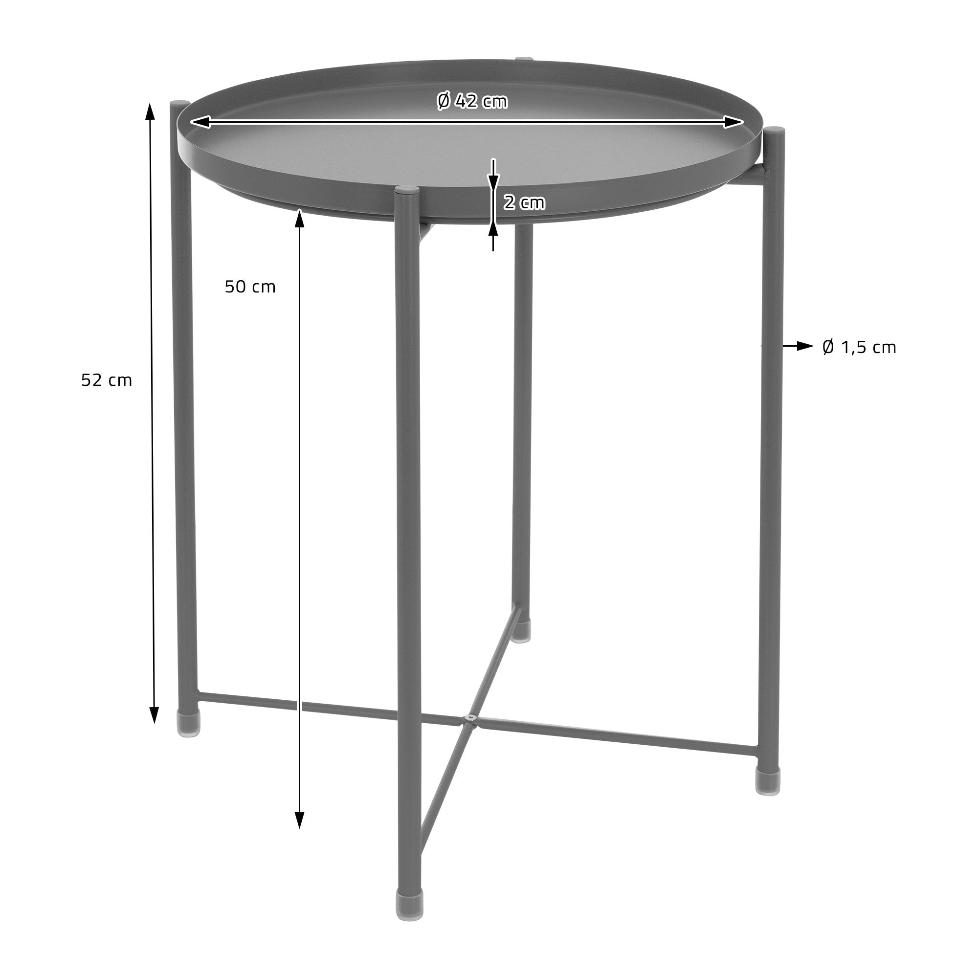 Rundt bord med mål: Diameter 42 cm, højde 52 cm, ben 1,5 cm tykke.