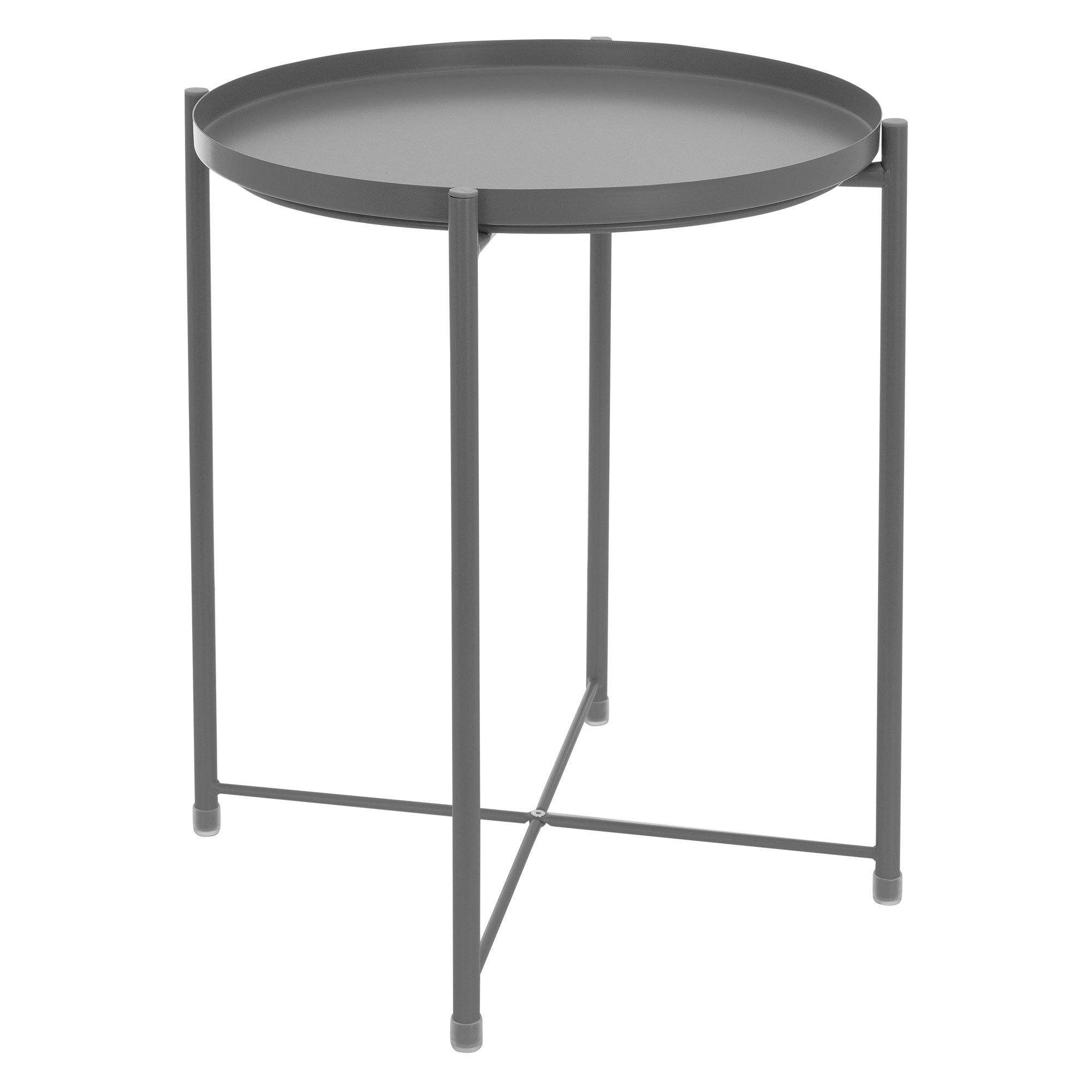 Grå rundt bord med stabile ben, minimalistisk design.