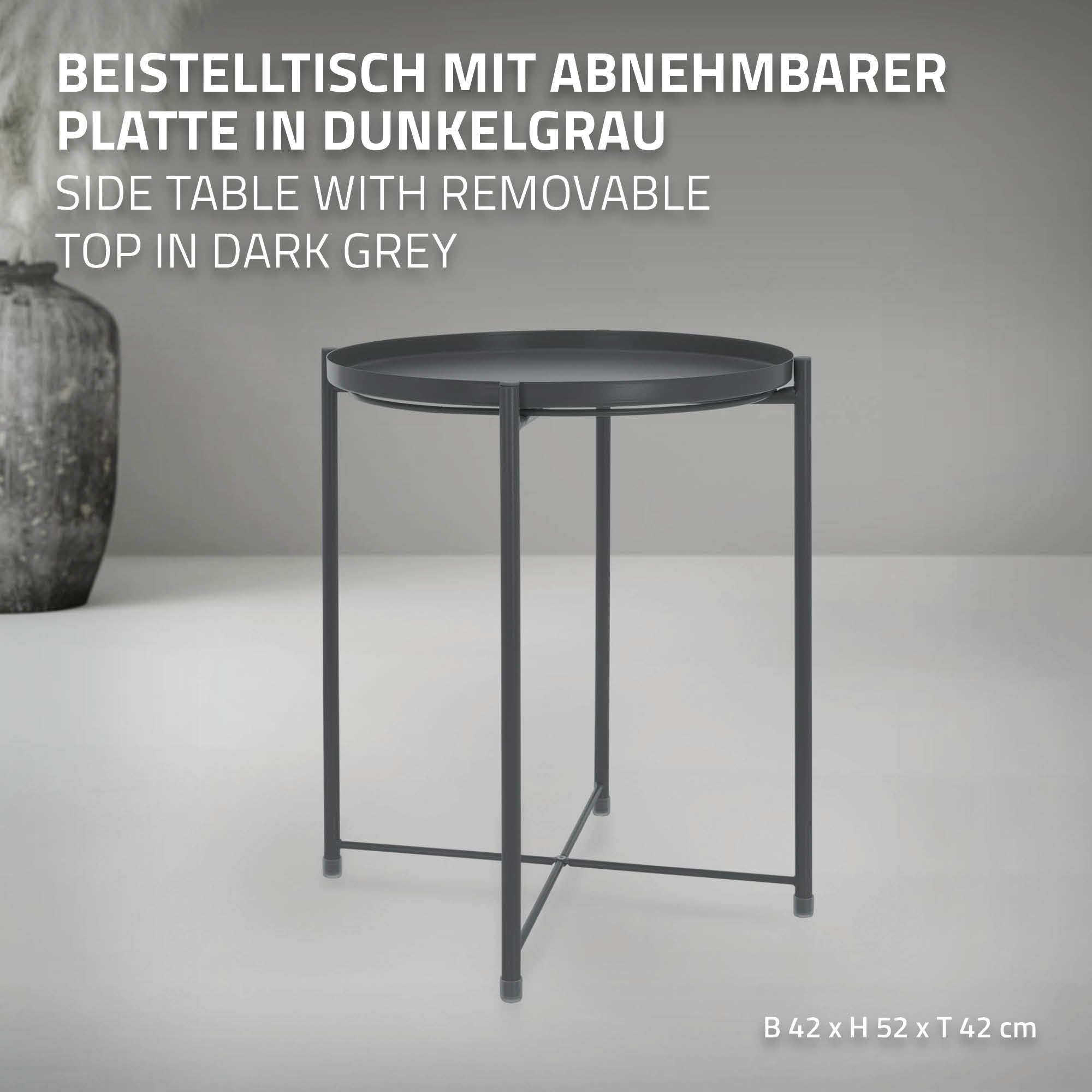 Dunkelgrauer Beistelltisch mit abnehmbarer Platte, rund, auf vier Beinen.