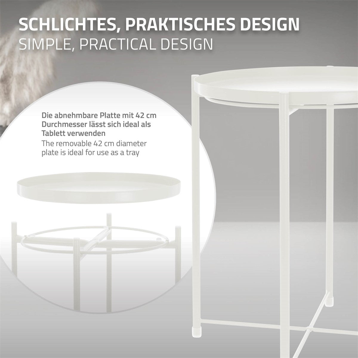 Runder Tisch mit abnehmbarer Platte, Durchmesser 42 cm, in weißem Design.