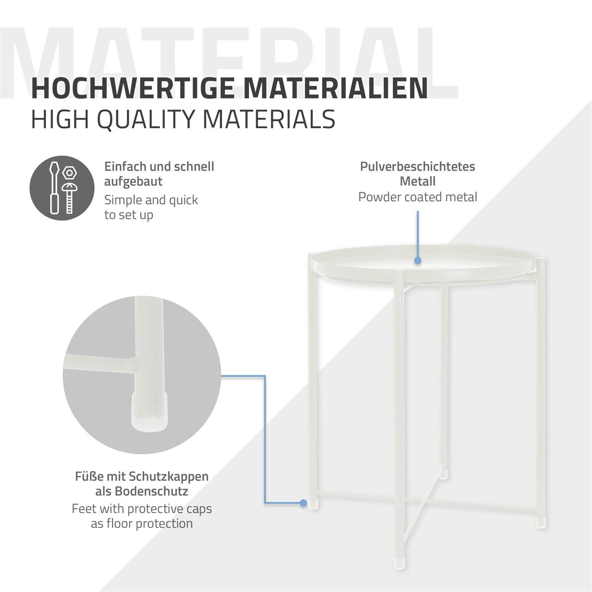 Tisch aus pulverbeschichtetem Metall mit Schutzkappen an den Füßen.