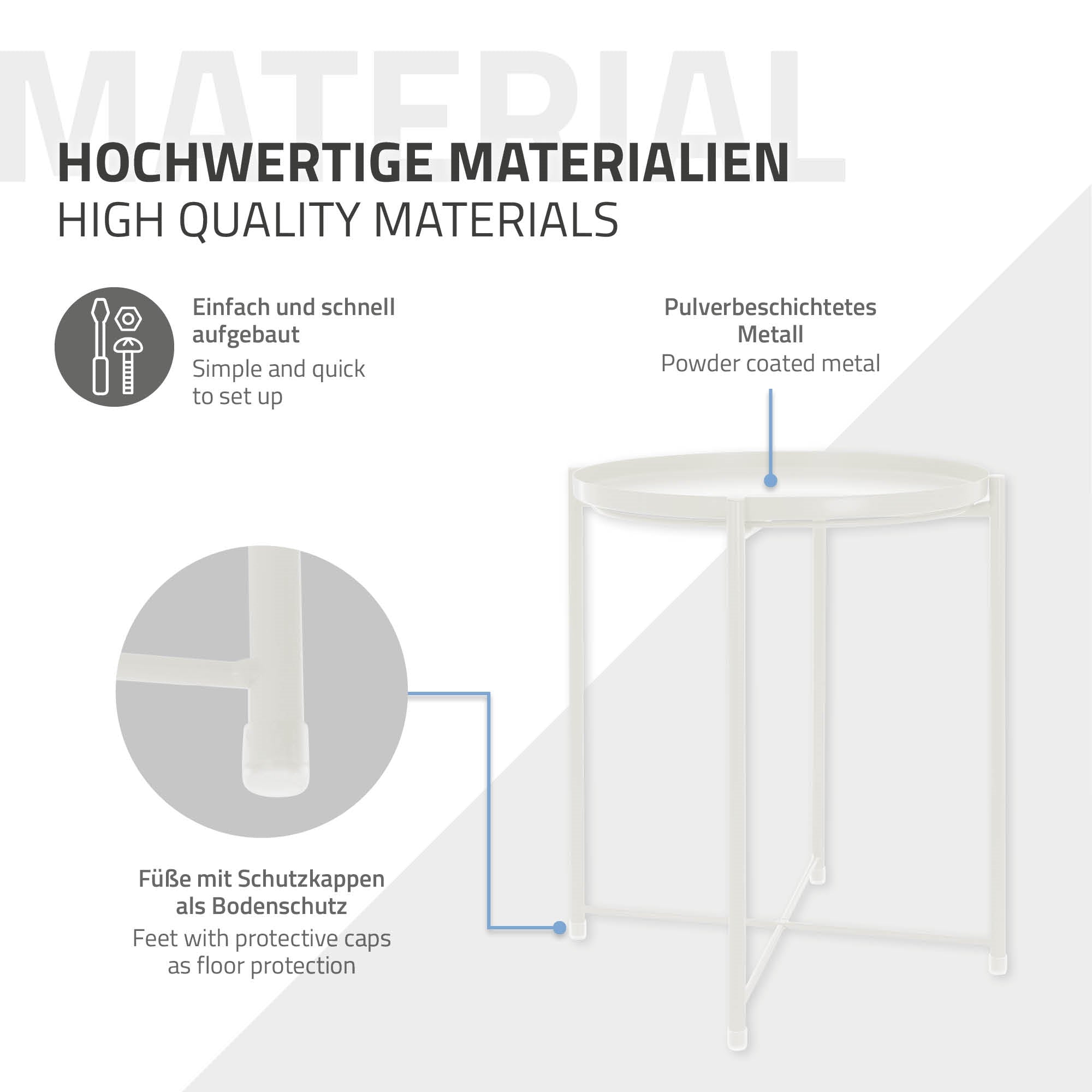 Tisch aus pulverbeschichtetem Metall mit Schutzkappen an den Füßen.