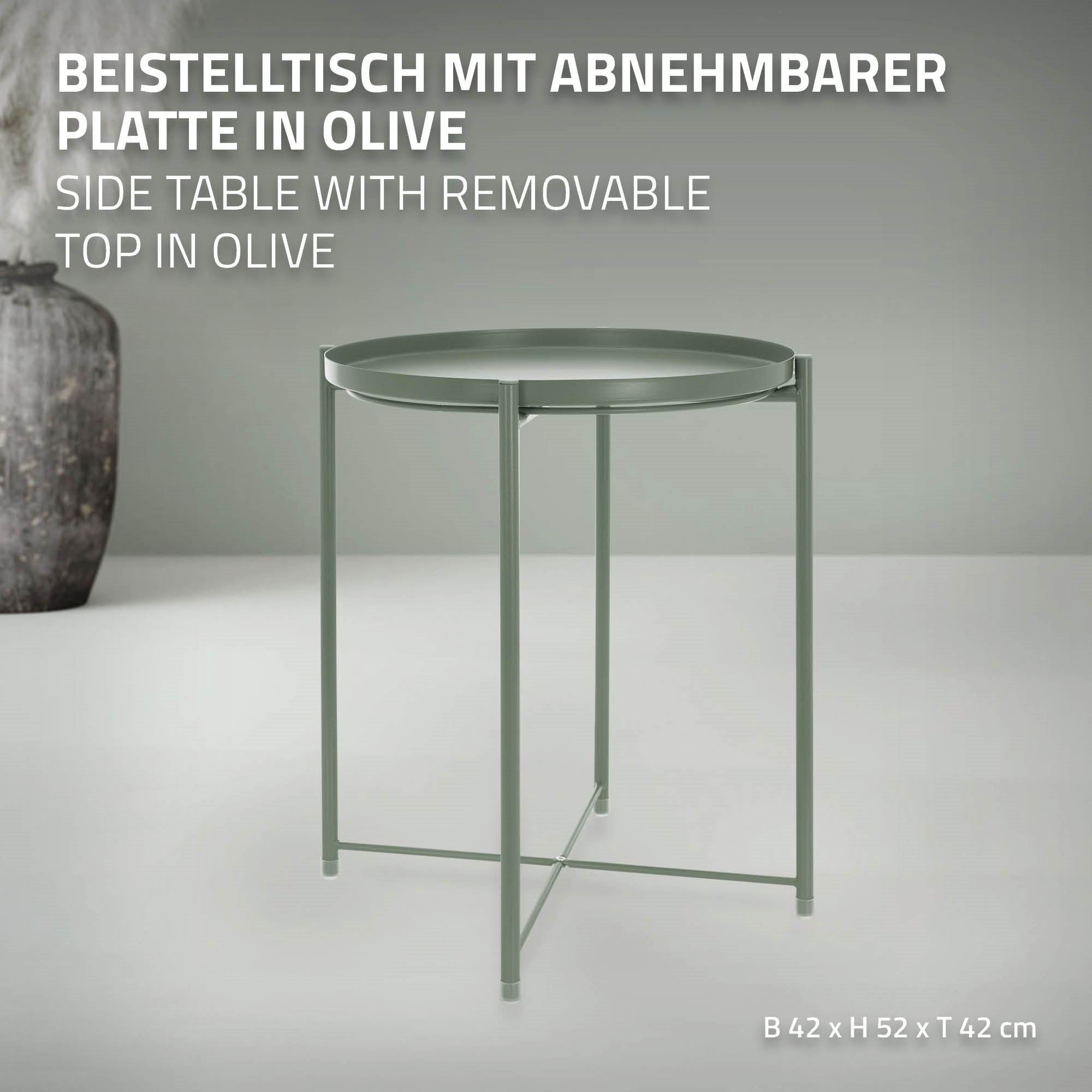 Olivenfarbener Beistelltisch mit abnehmbarer Platte, Maße 42x52x42 cm.